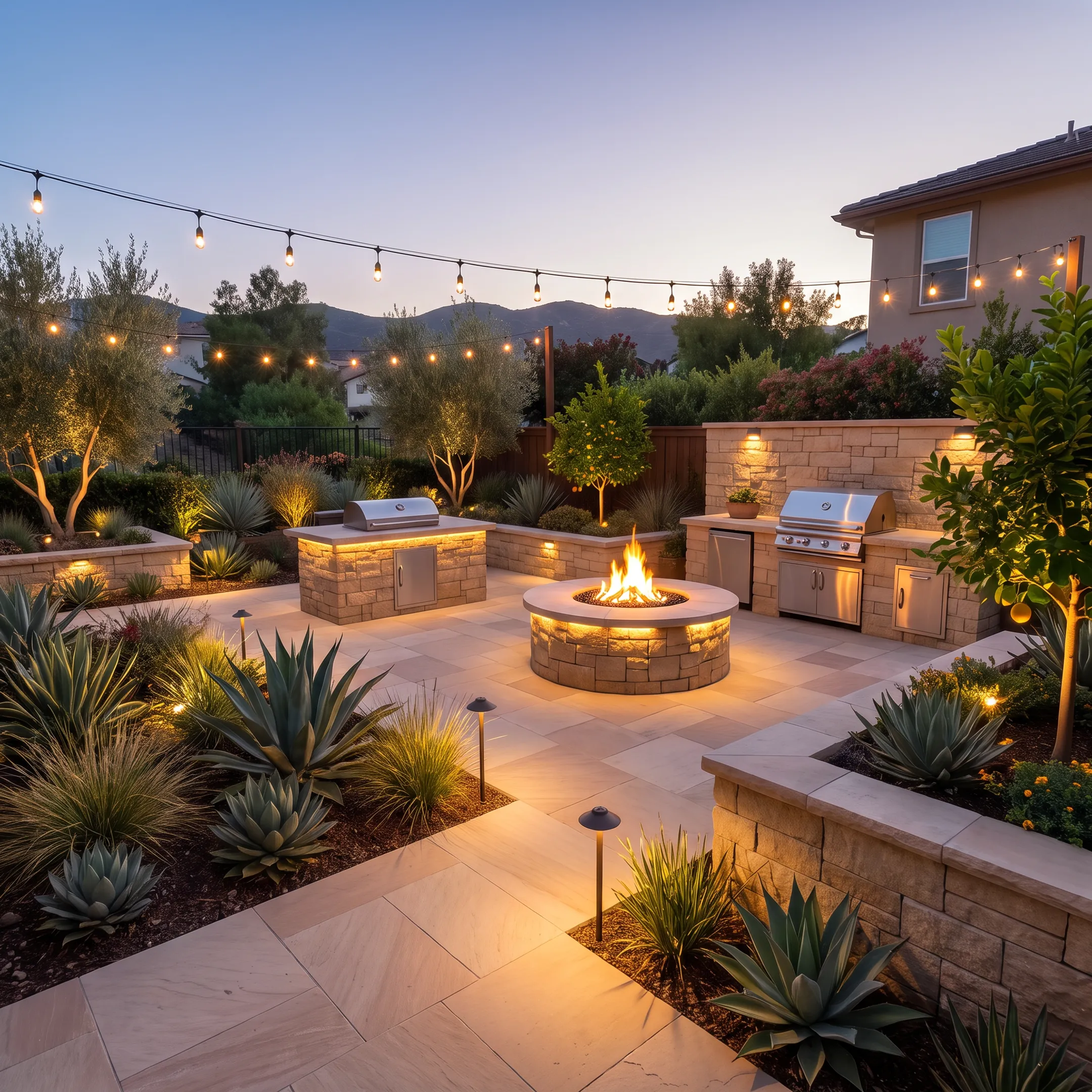 Finished property landscaping with stone hardscaping and green planting