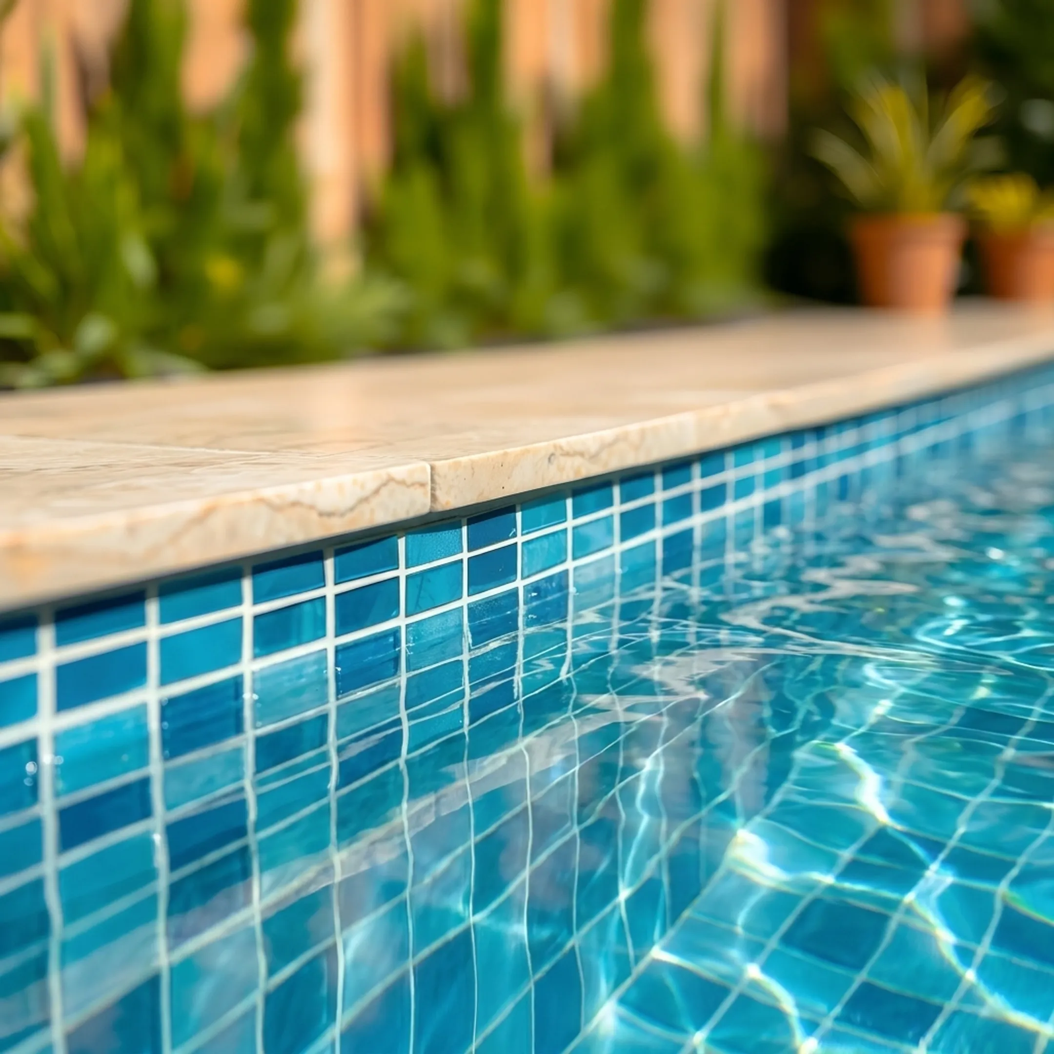 Newly completed gunite pool with coping and surrounding patio