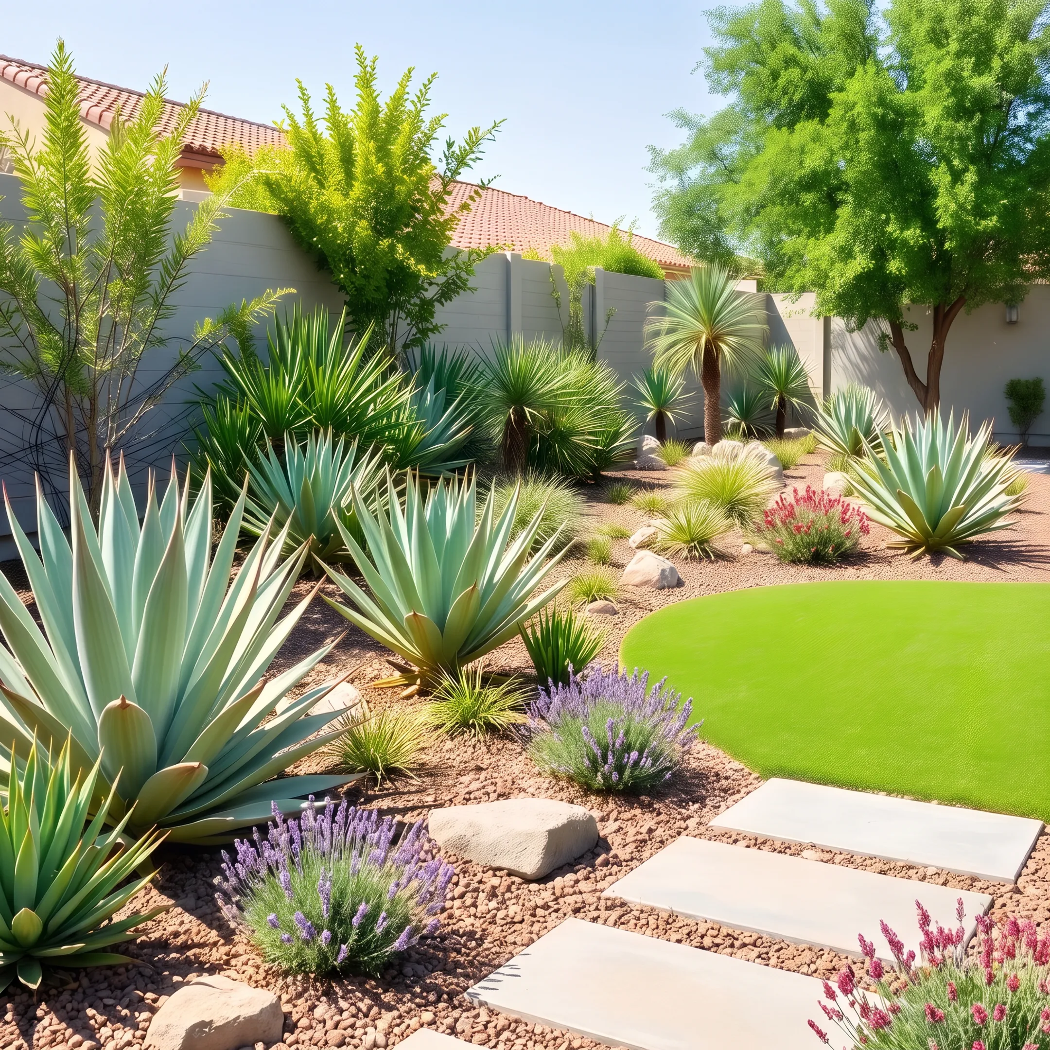 Lush garden landscaping with drought-tolerant plants and stone walkway