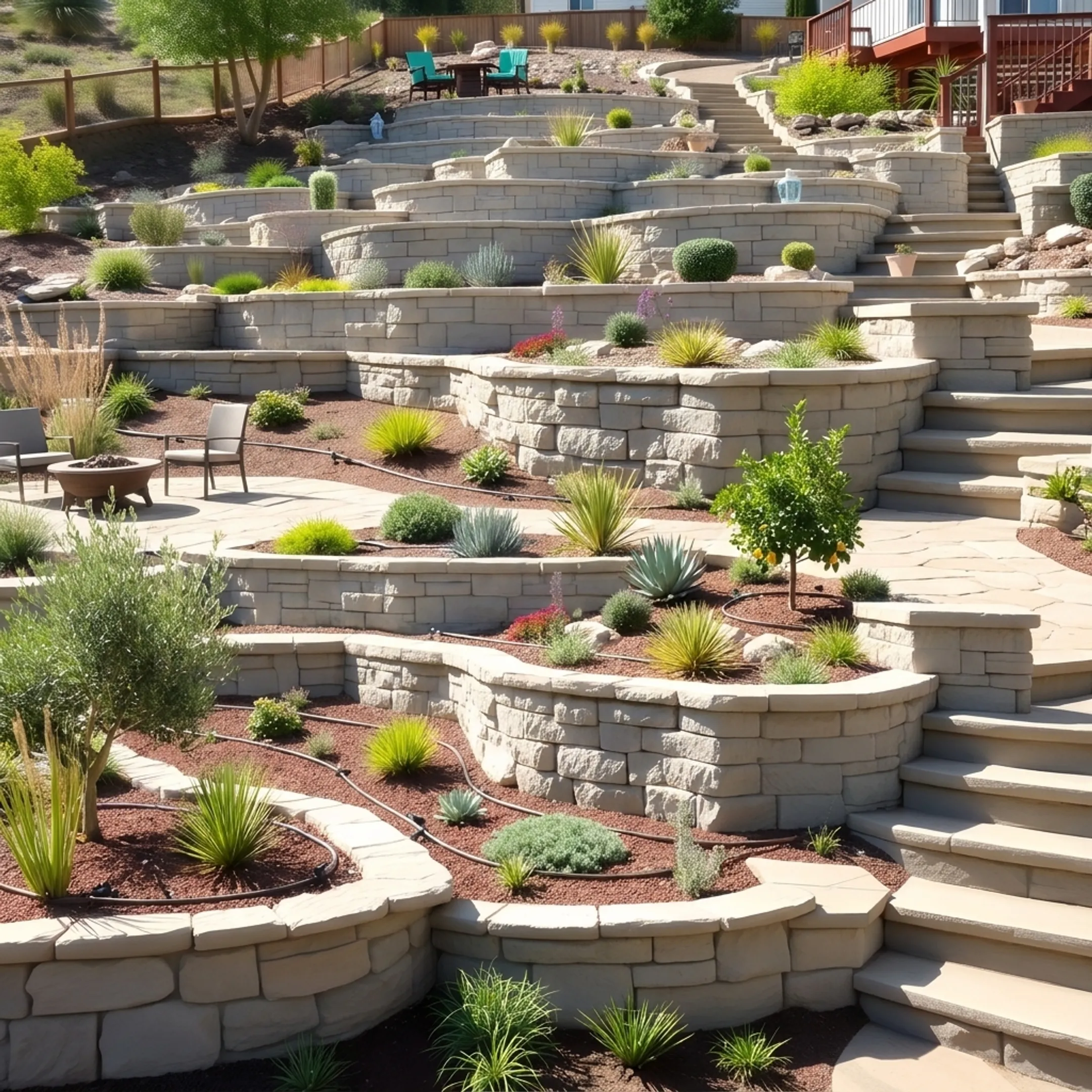 Engineered retaining wall and coordinated hillside landscape installation.