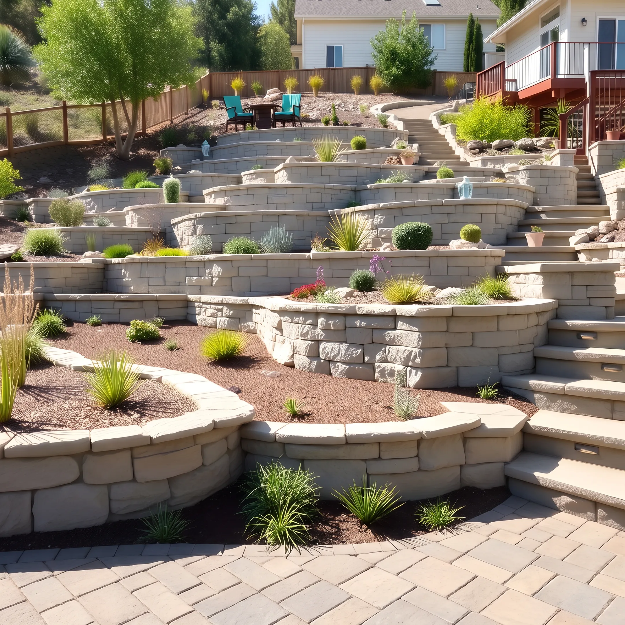 Completed luxury residential landscape featuring drought-tolerant planting, custom hardscape, and integrated outdoor living elements.