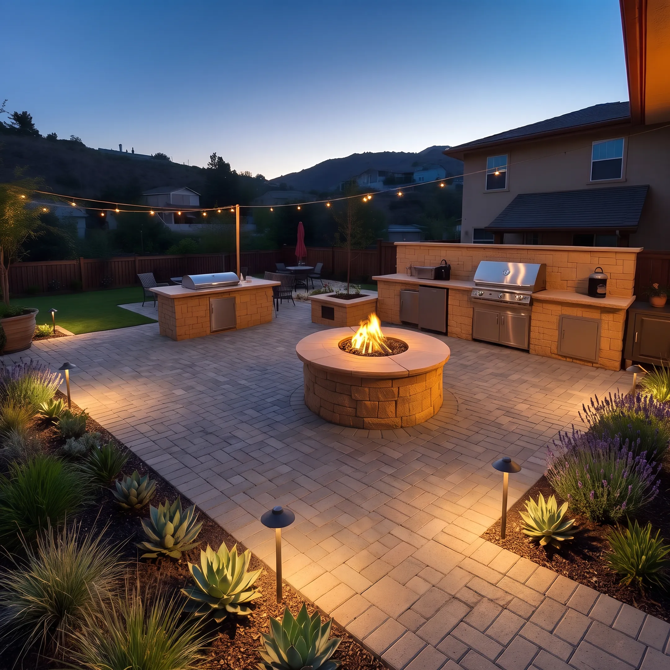 Custom stone paver patio and modern drought-tolerant residential landscaping