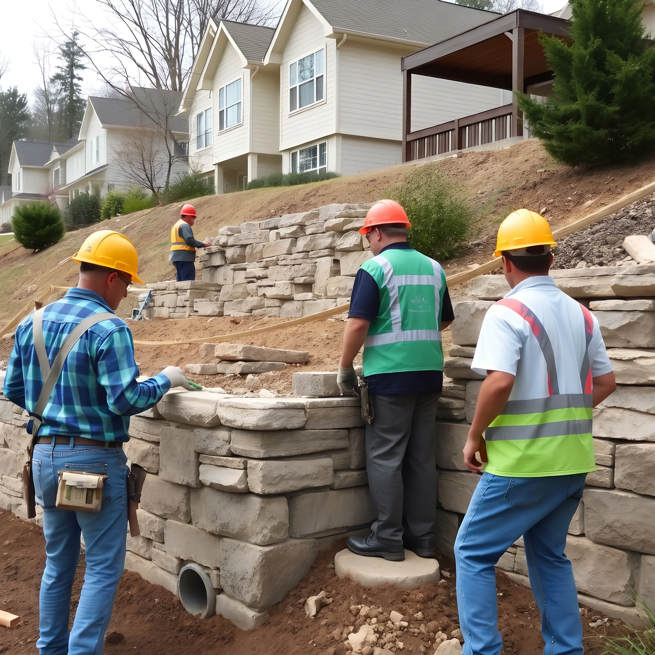 Engineered stone retaining wall on a sloped residential property