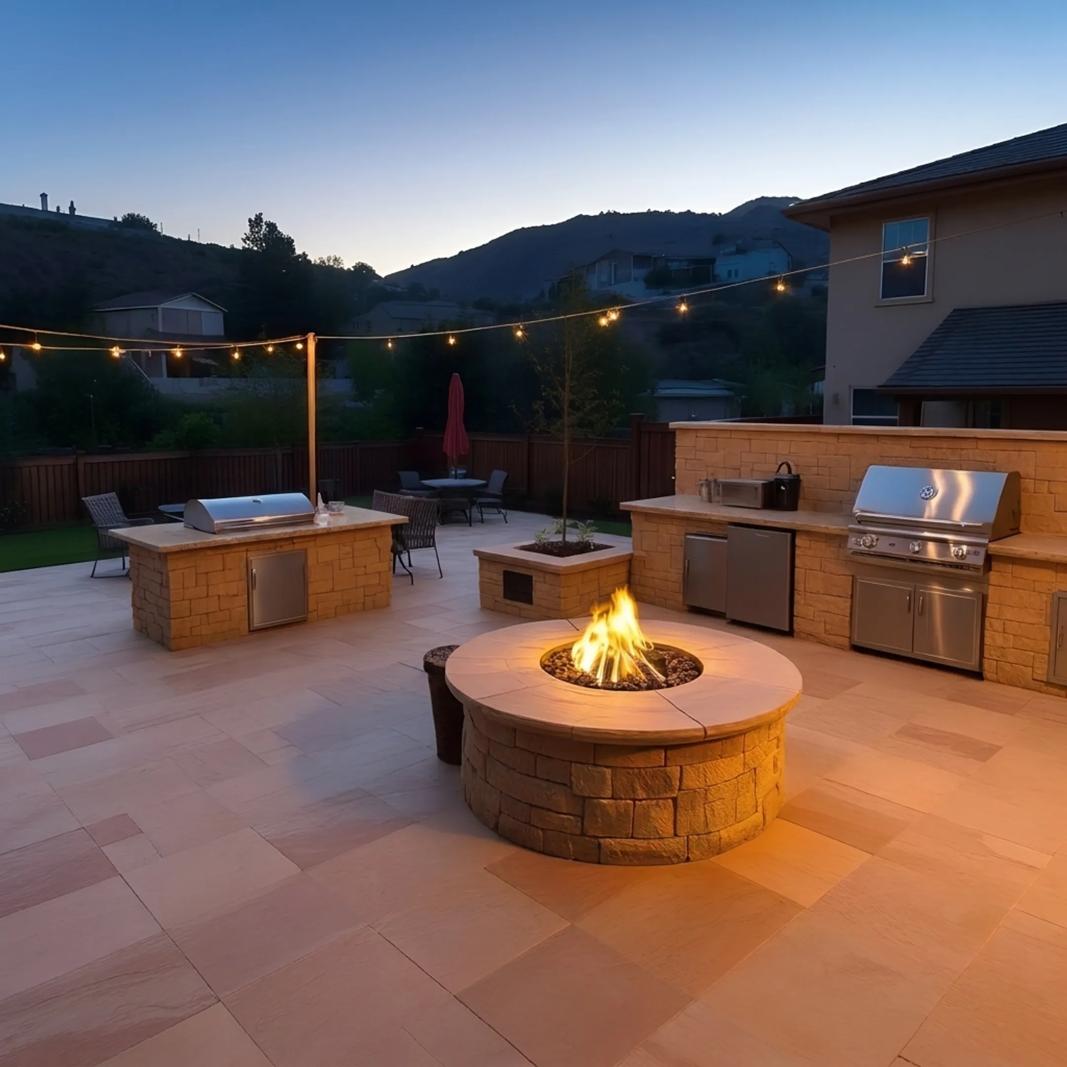 Completed hardscape patio with built-in barbecue island and retaining wall