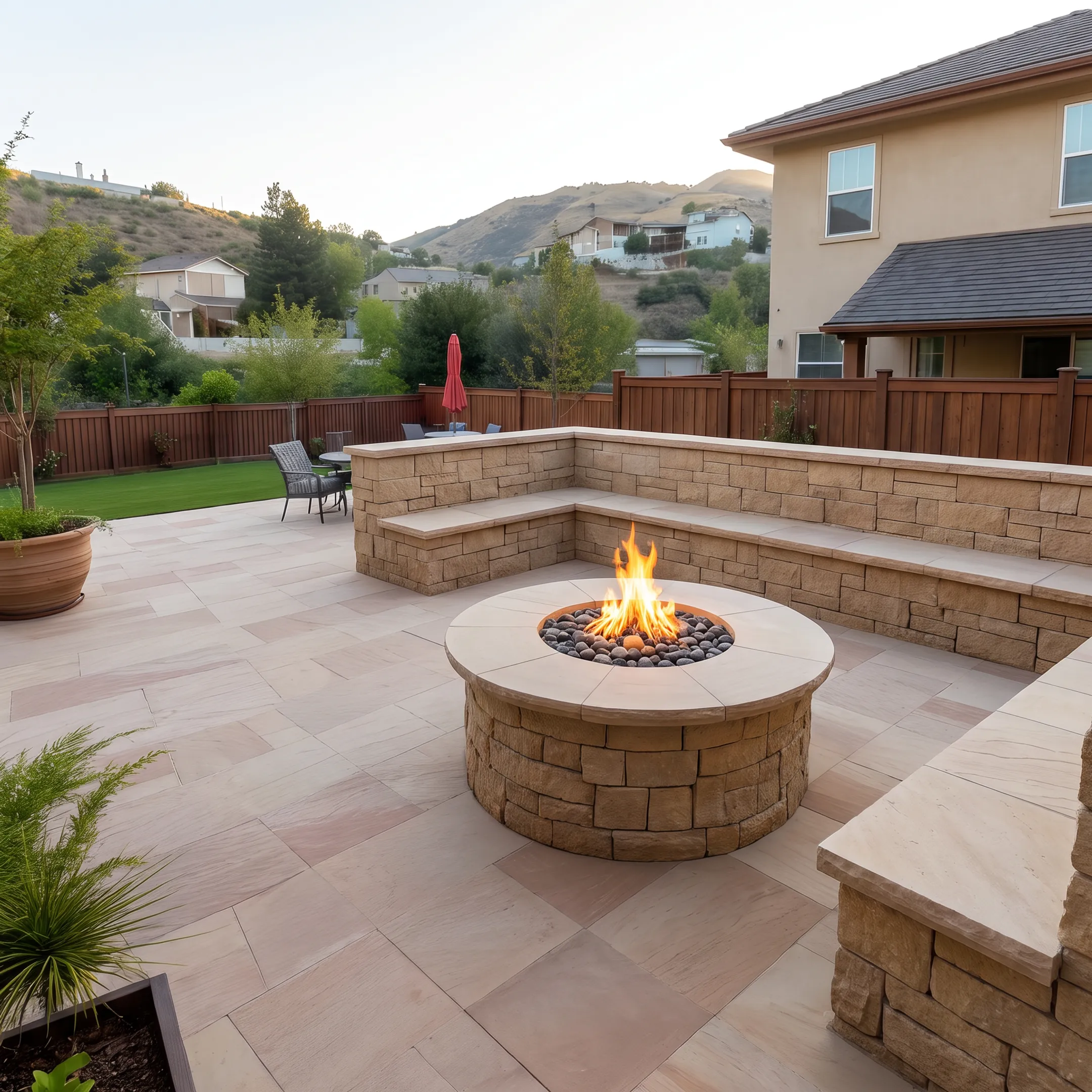 Custom stone patio and outdoor fire pit hardscape installation