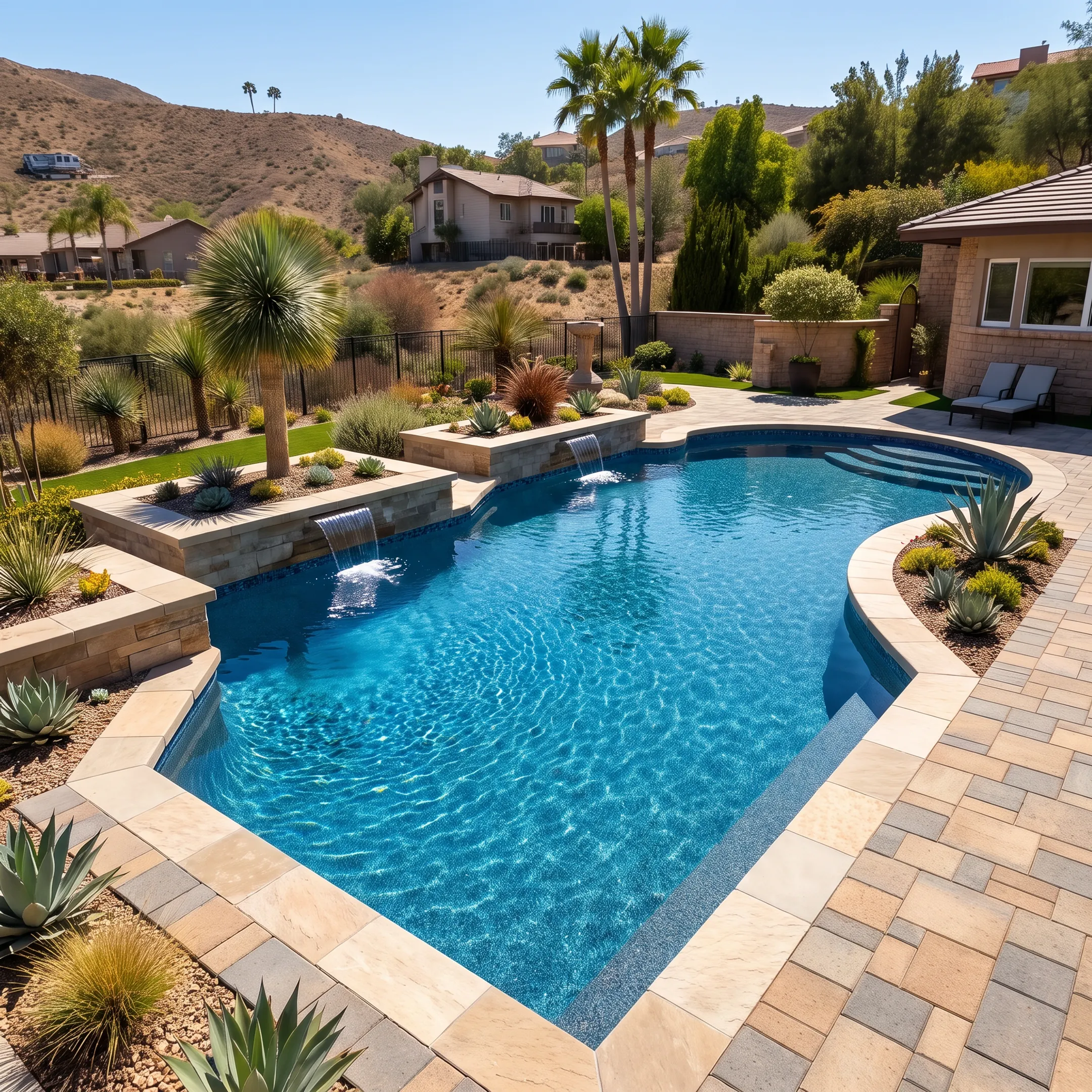 Modern remodeled swimming pool with fresh plaster and paver decking in the San Fernando Valley