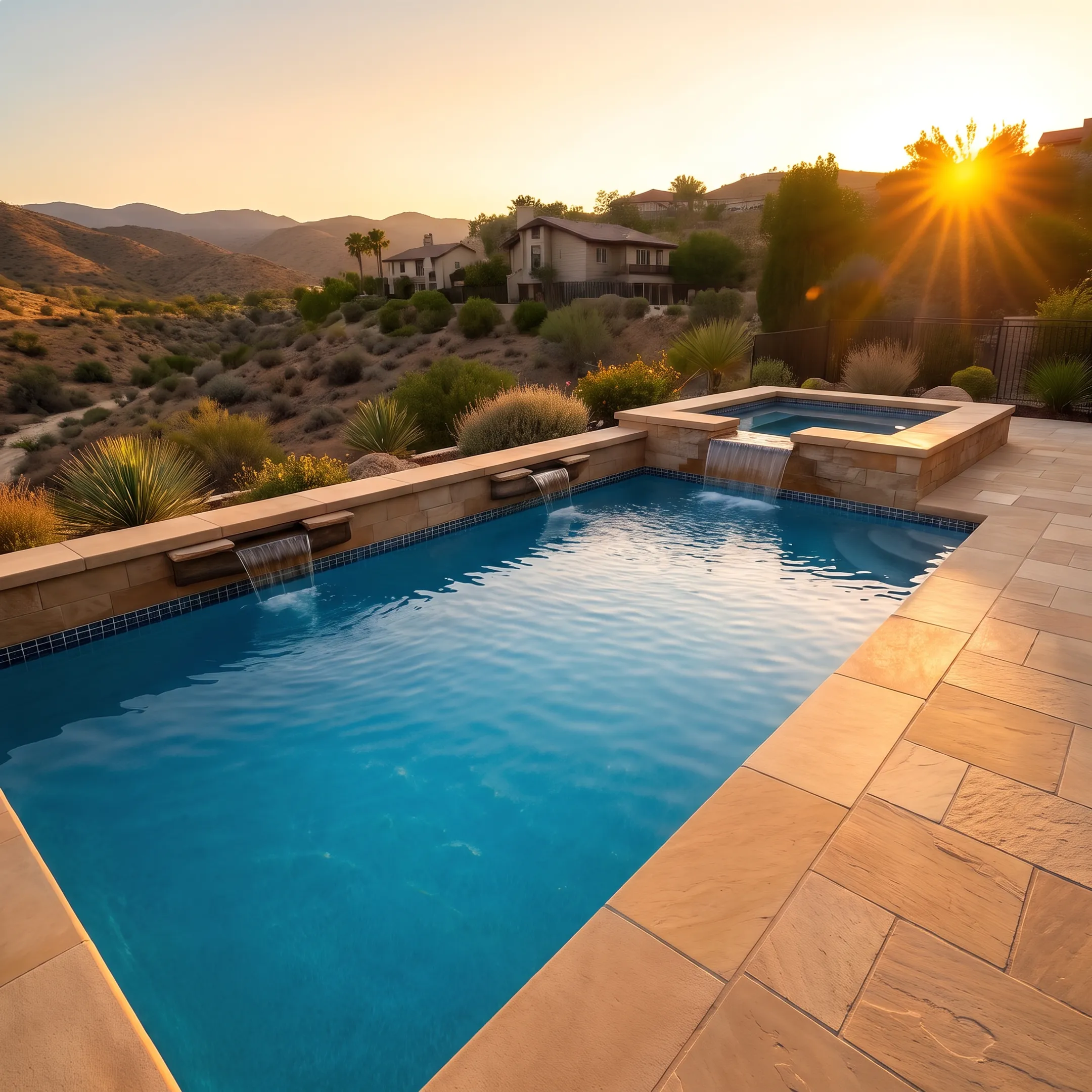 Custom gunite swimming pool and spa built into a Southern California hillside property