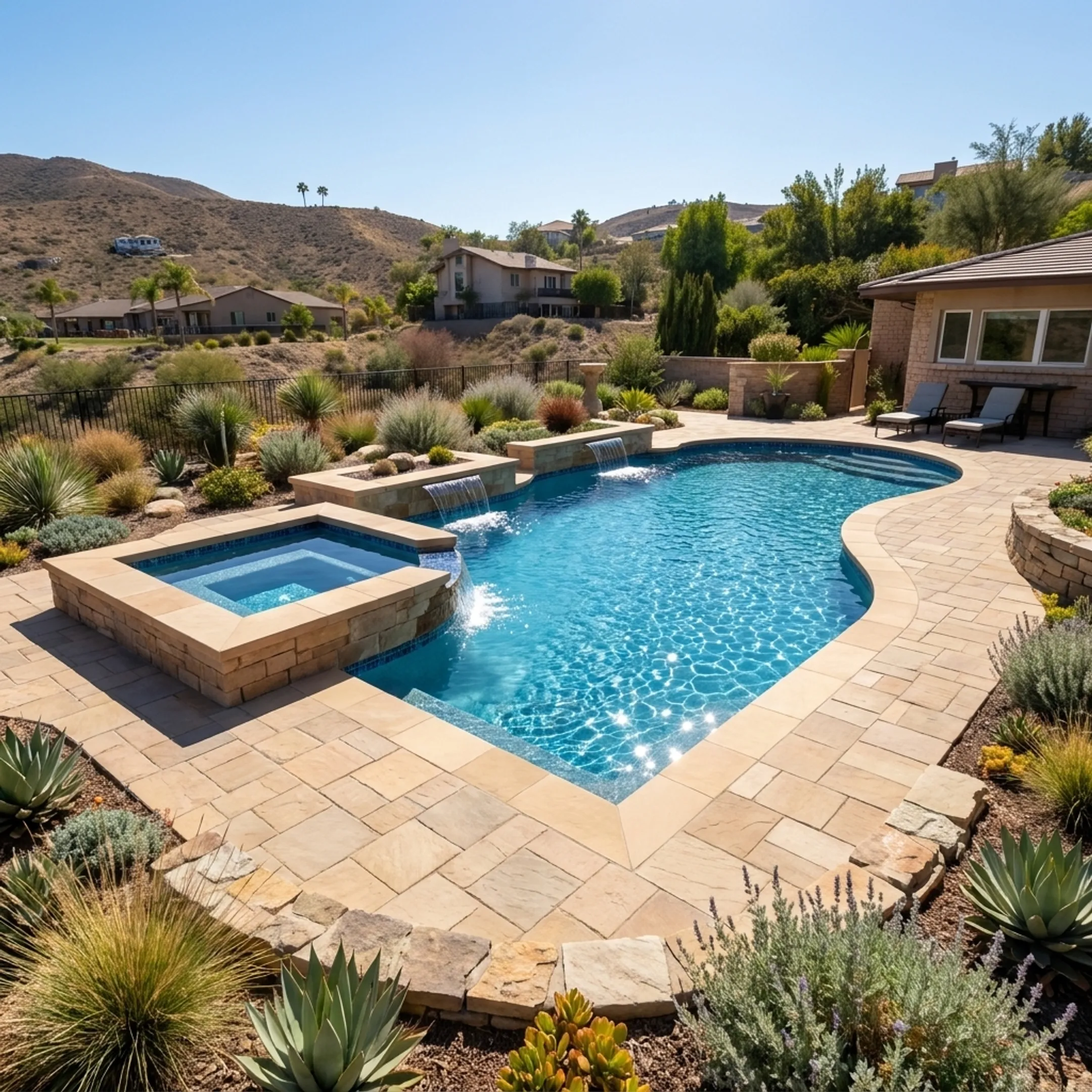 Completed custom gunite swimming pool with clean paver decking and integrated spa