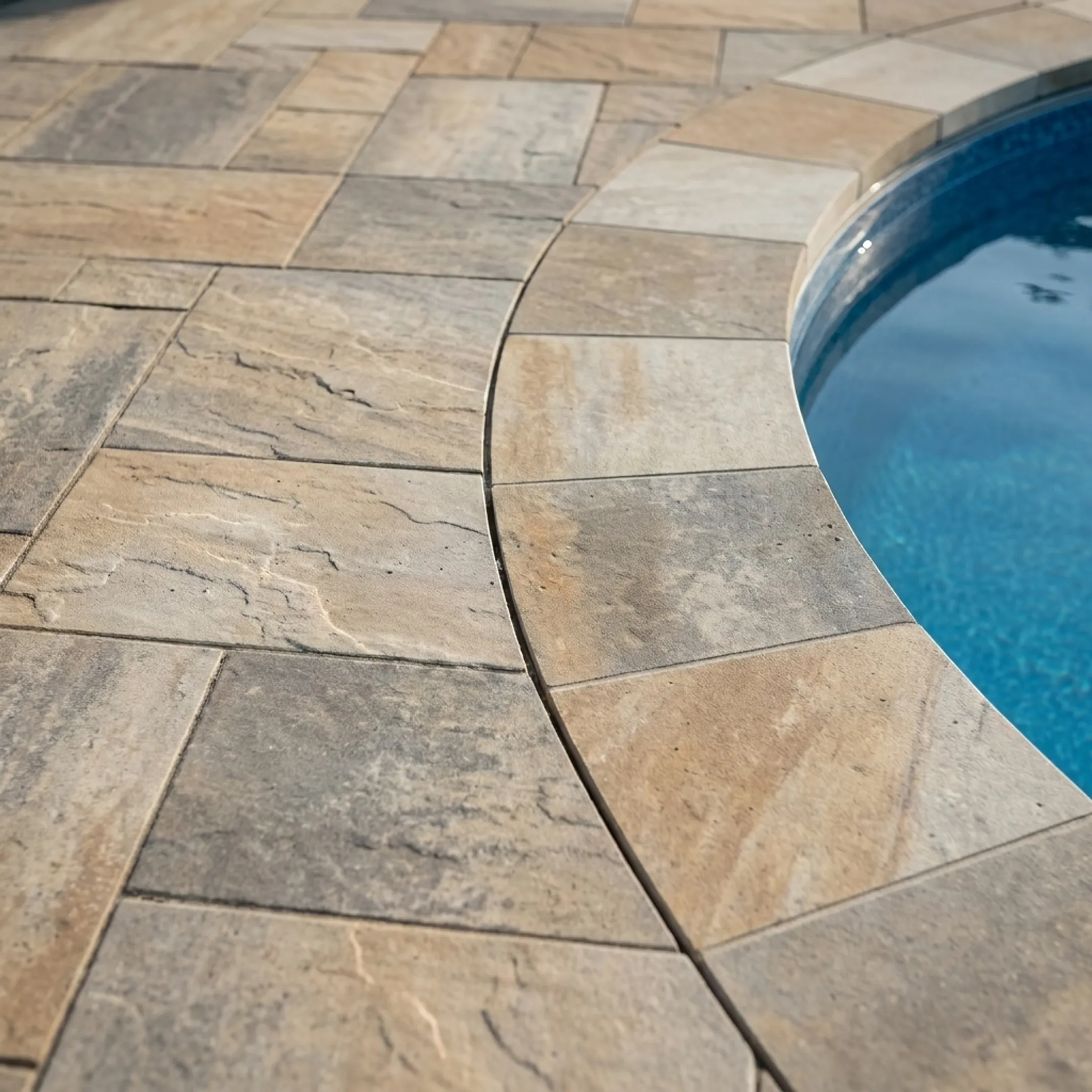 Detailed craftsmanship of stone pavers laid evenly along a residential pool coping edge.