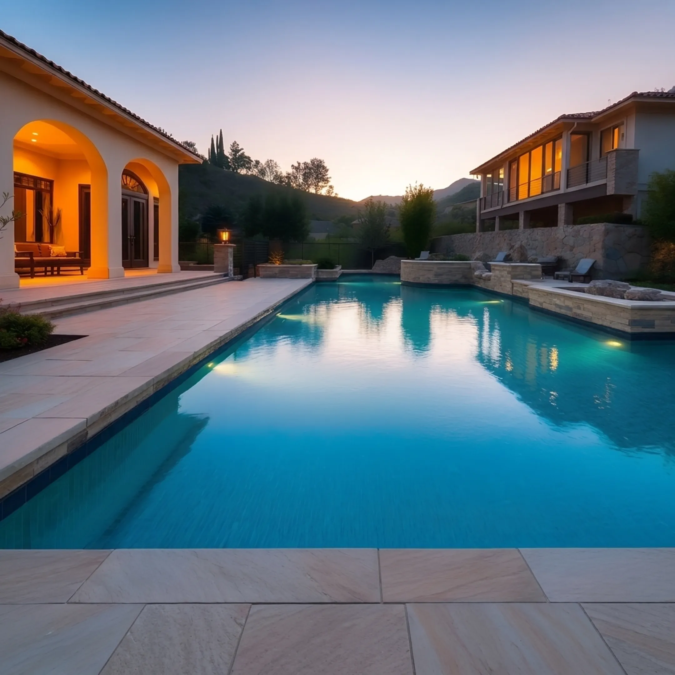 Newly remodeled paver pool deck surrounding a clean in-ground residential swimming pool.