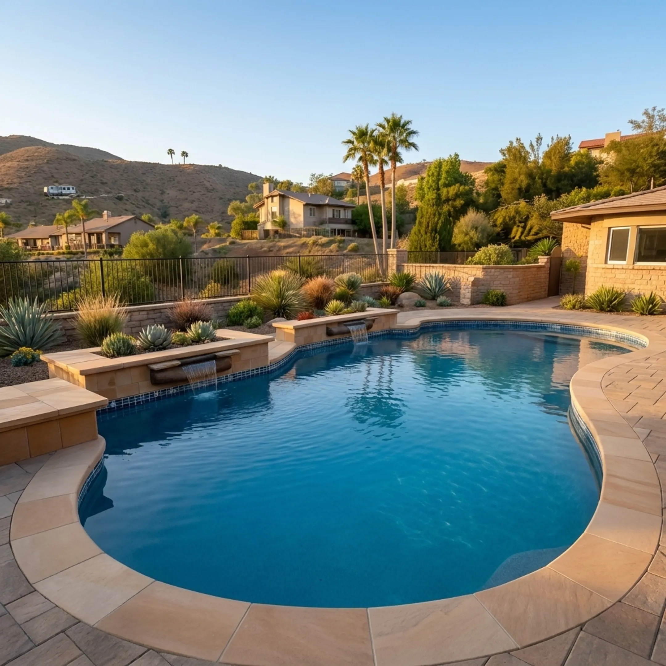 Custom swimming pool with stone coping surrounded by lush landscaping and patio pavers