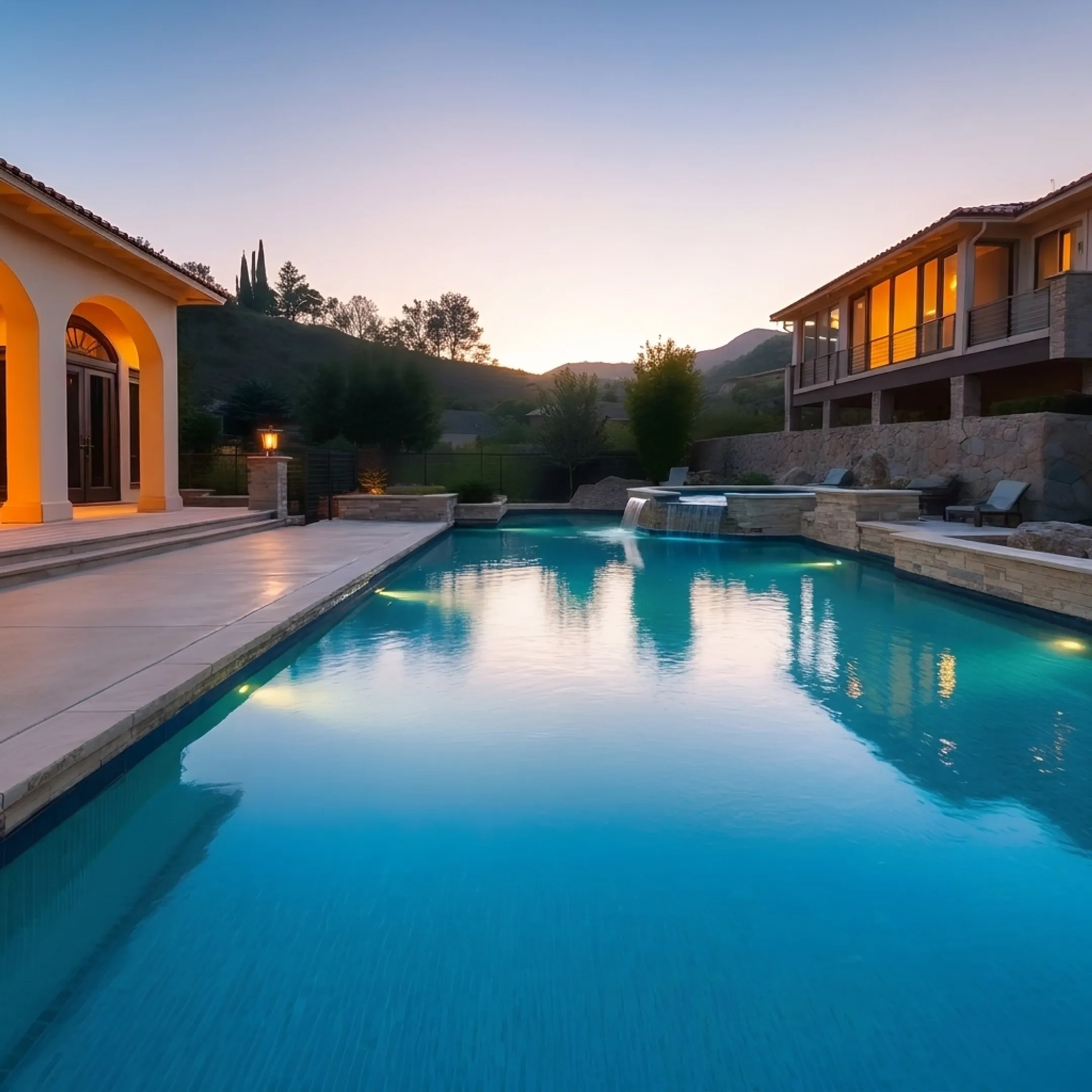 Integrated pool coping, outdoor fire feature, and architectural retaining wall