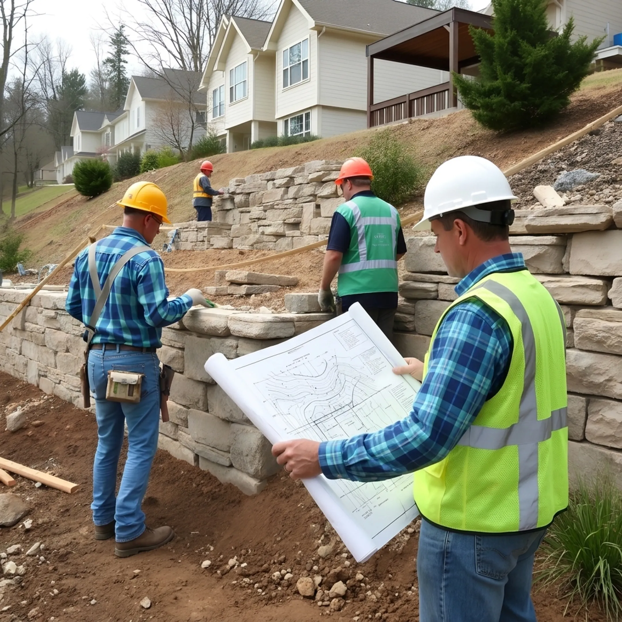Contractor reviewing landscape blueprints on a residential project site.