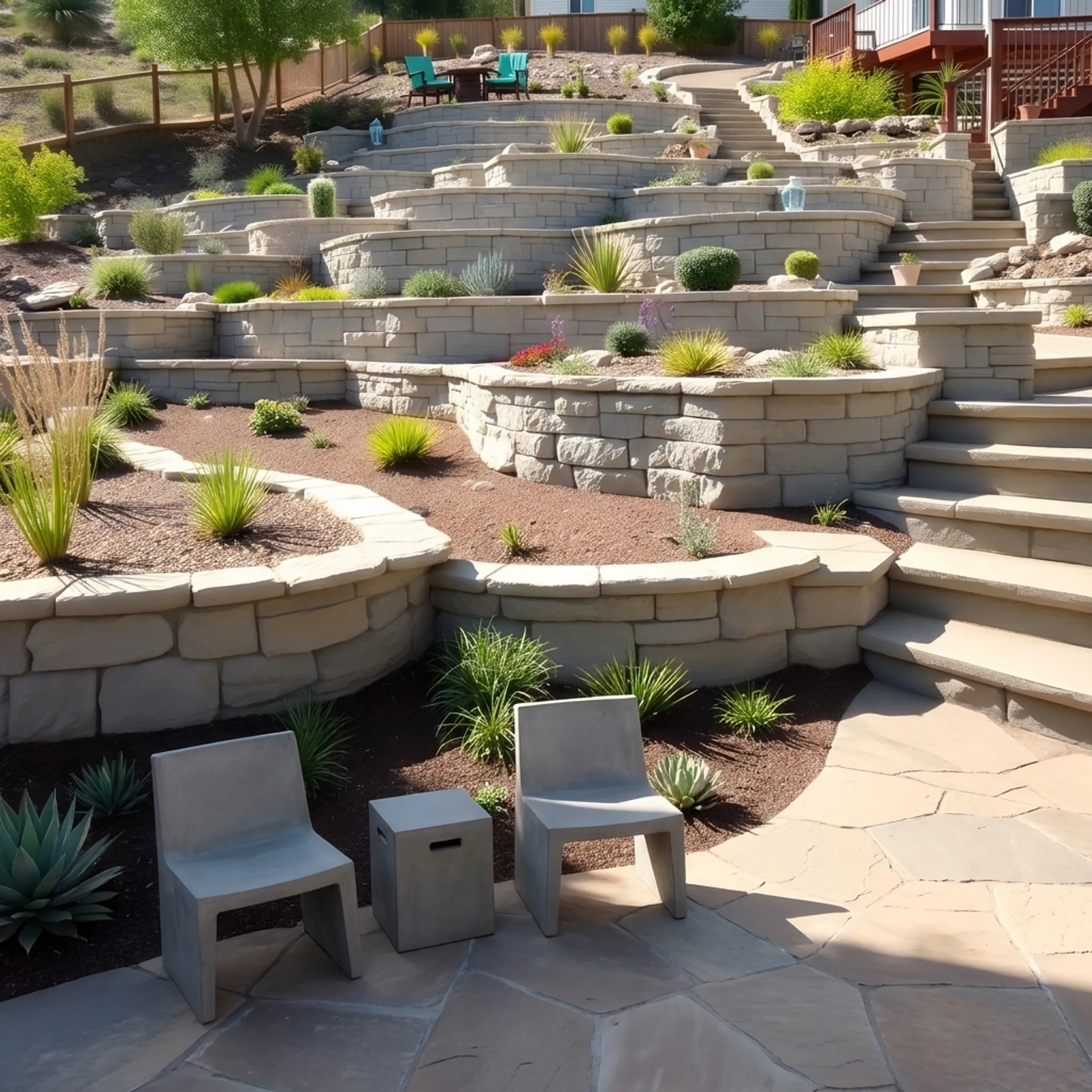 Architectural residential backyard featuring custom stonework, lush landscape design, and outdoor living space.