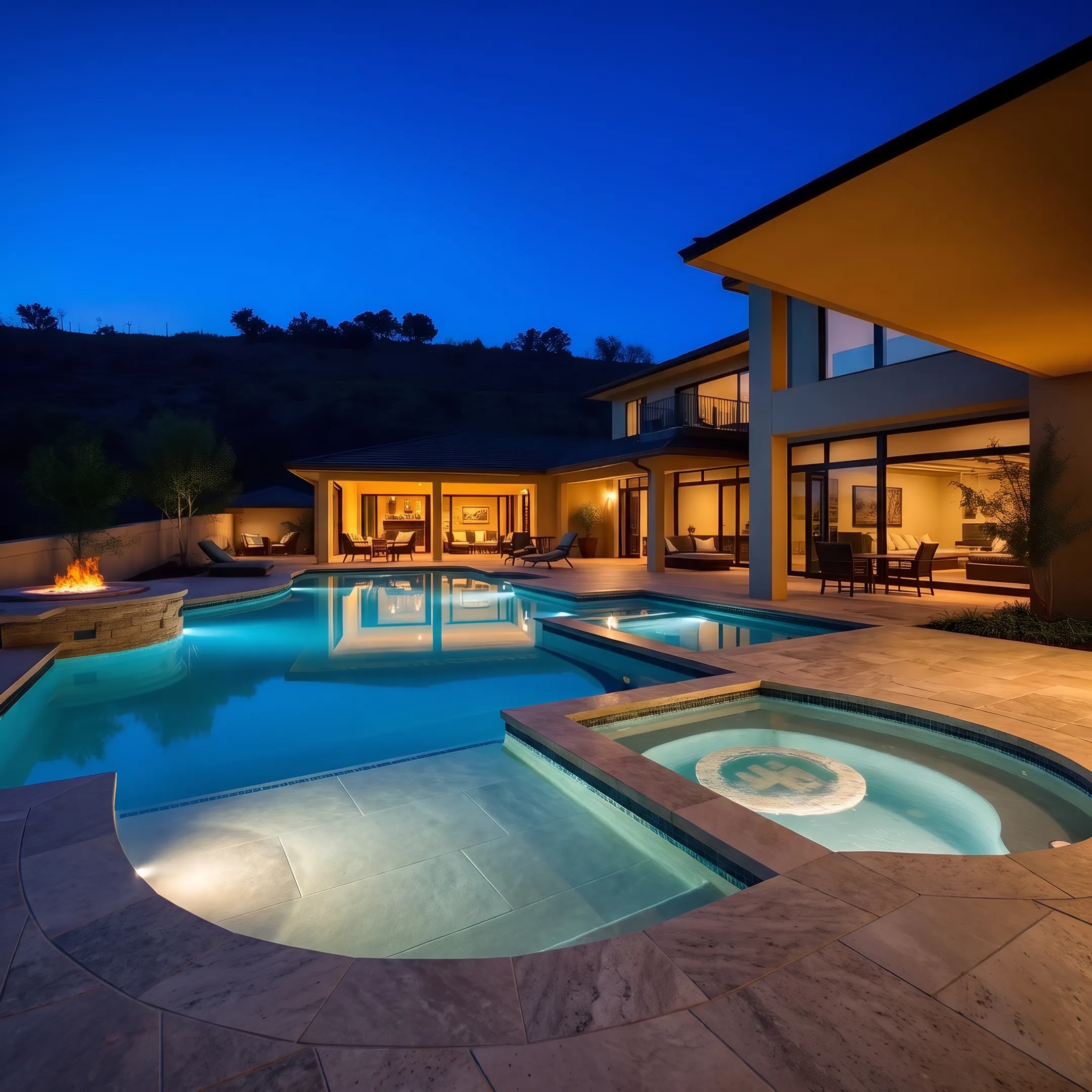 Custom inground gunite swimming pool with integrated spa and stone deck