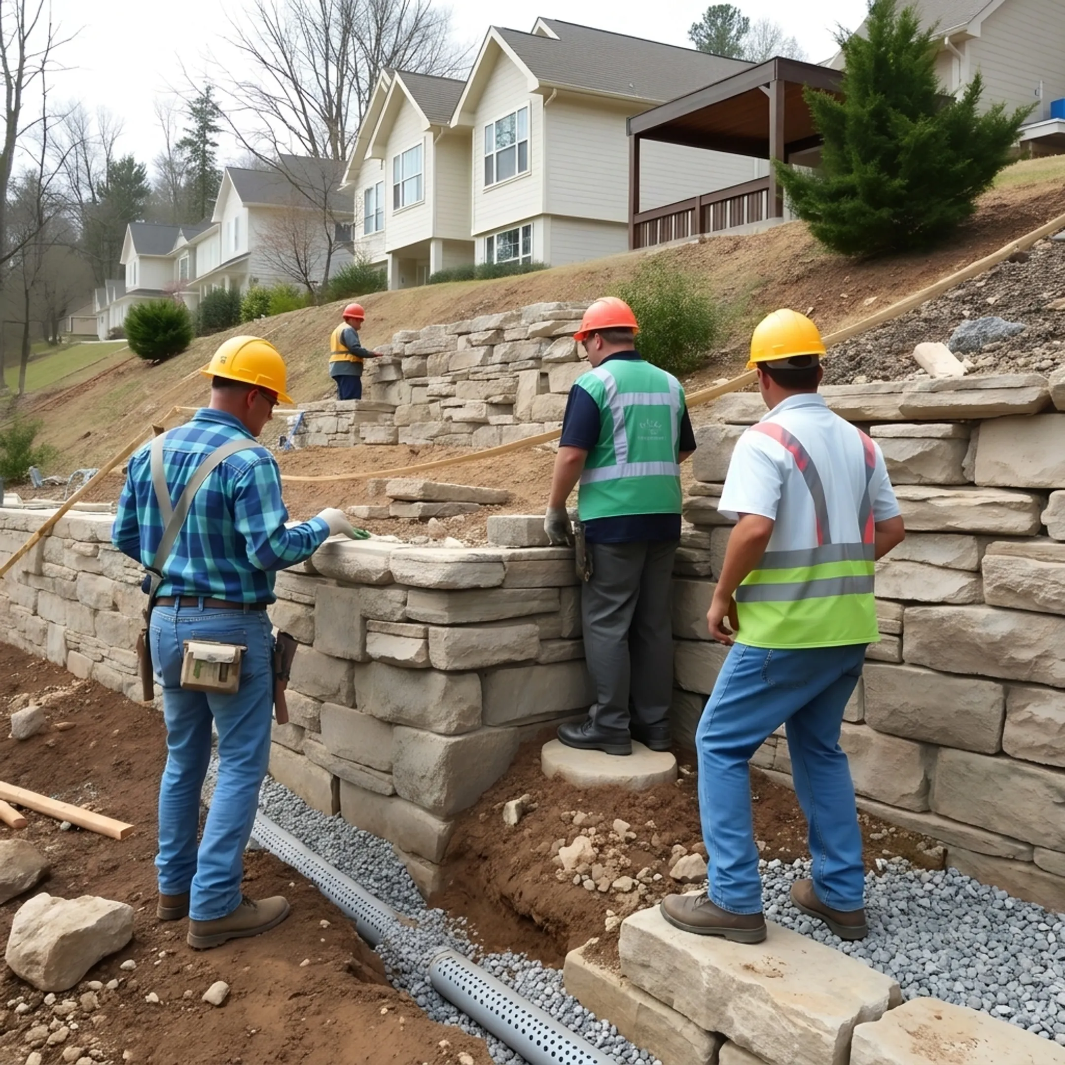 Masons laying structural stone retaining wall blocks with drainage backfill