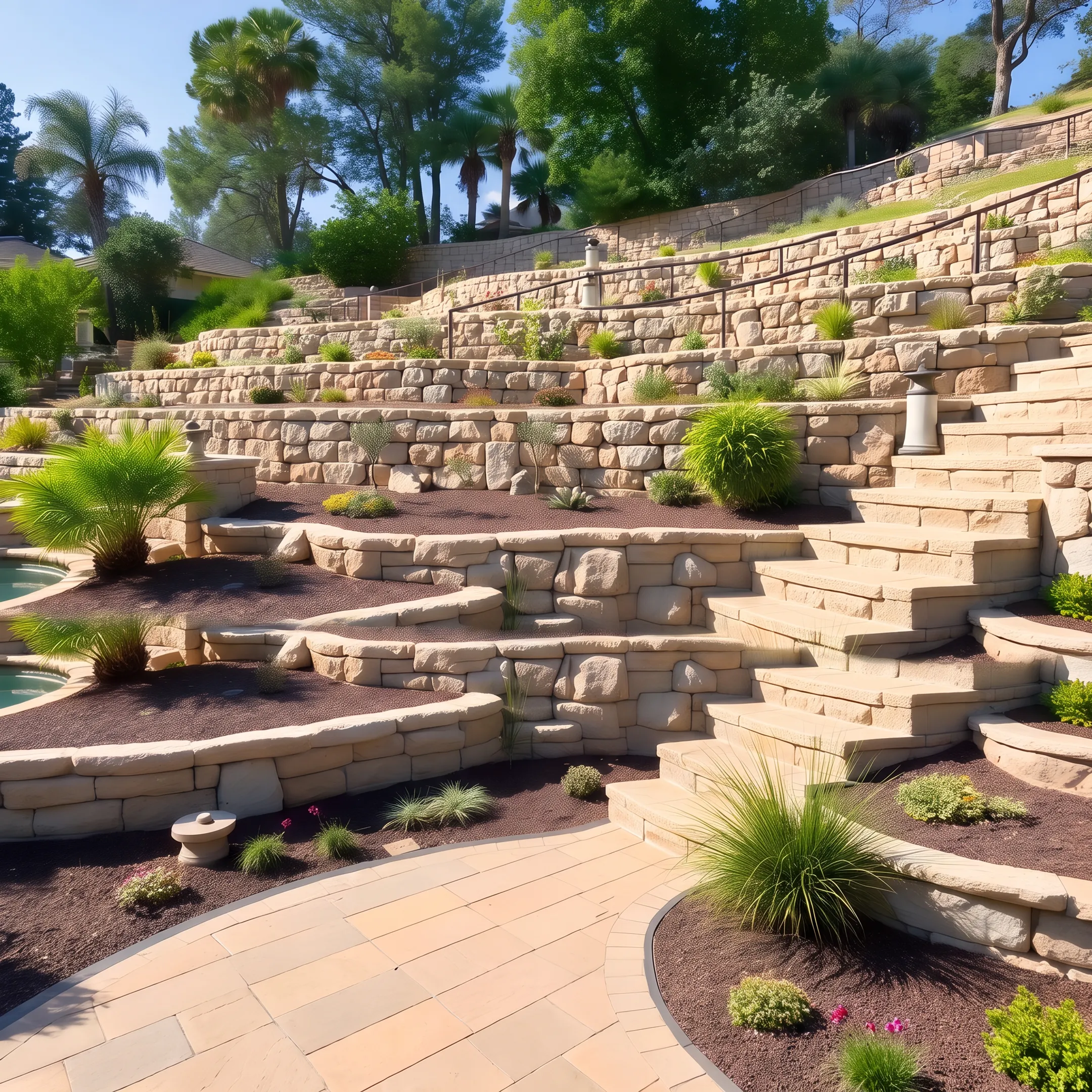 Custom engineered natural stone retaining wall on a terraced residential slope