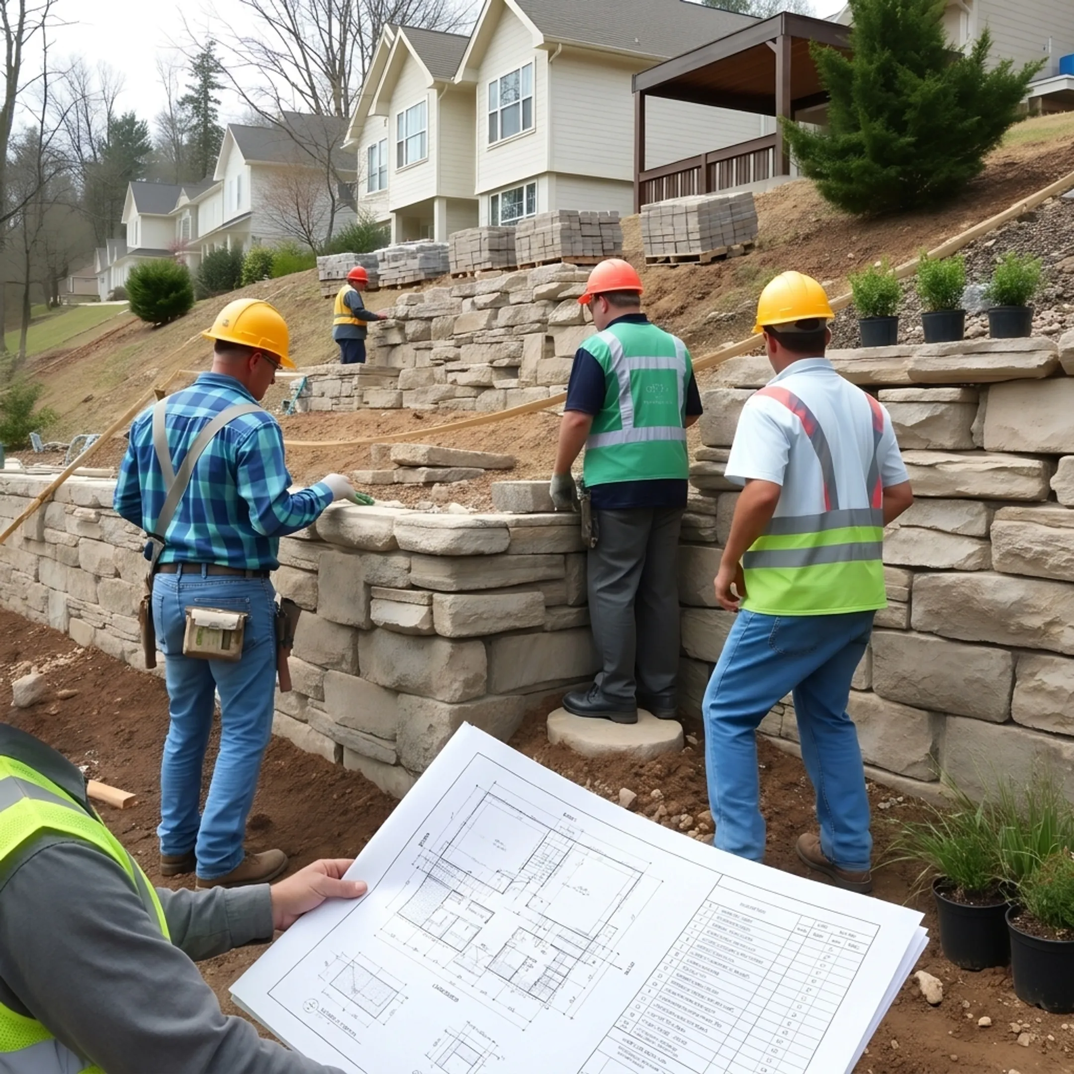Landscape designer reviewing structural blueprints and outdoor living construction plans on site