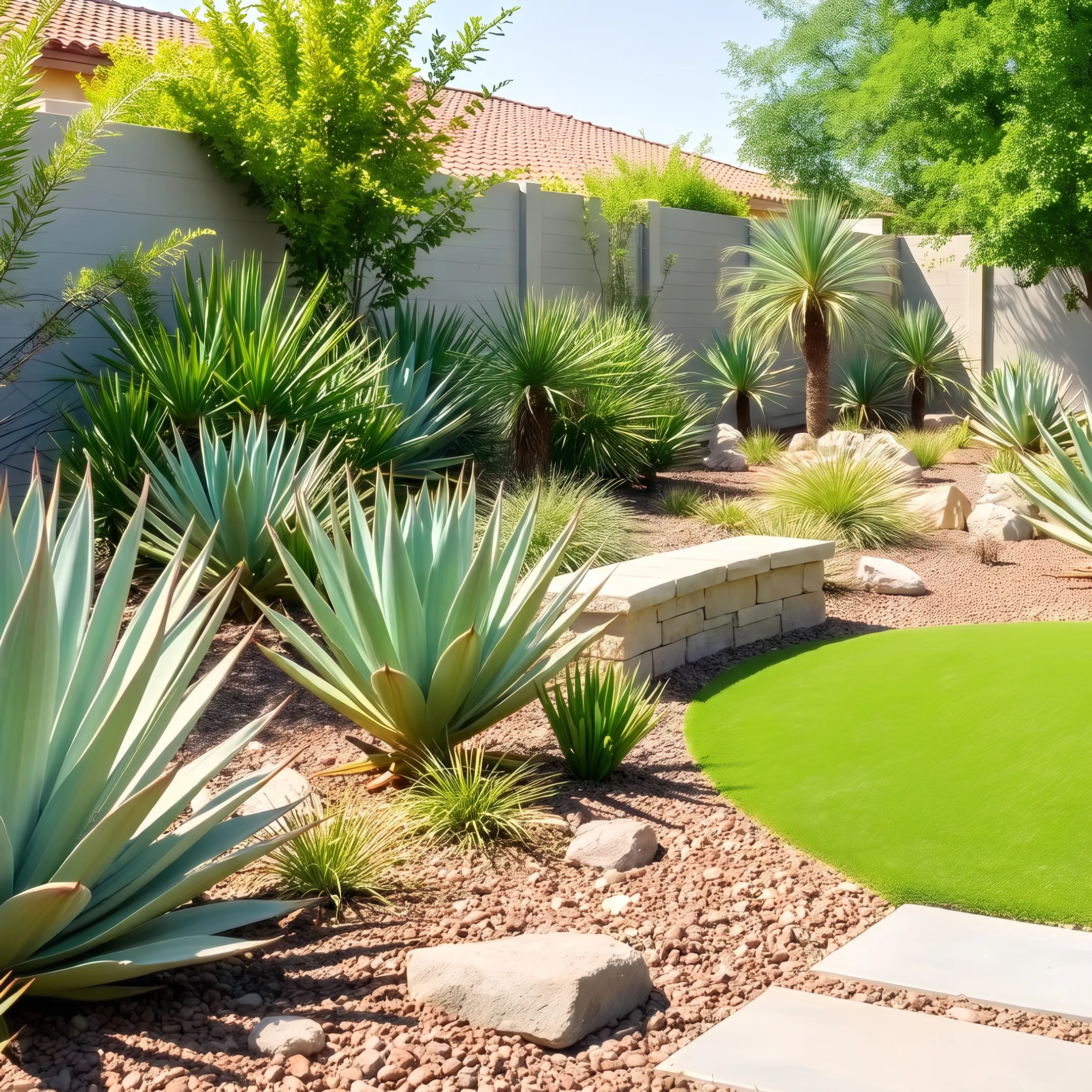 Architectural landscape design plan and residential outdoor living space featuring stone patio and drought-tolerant planting