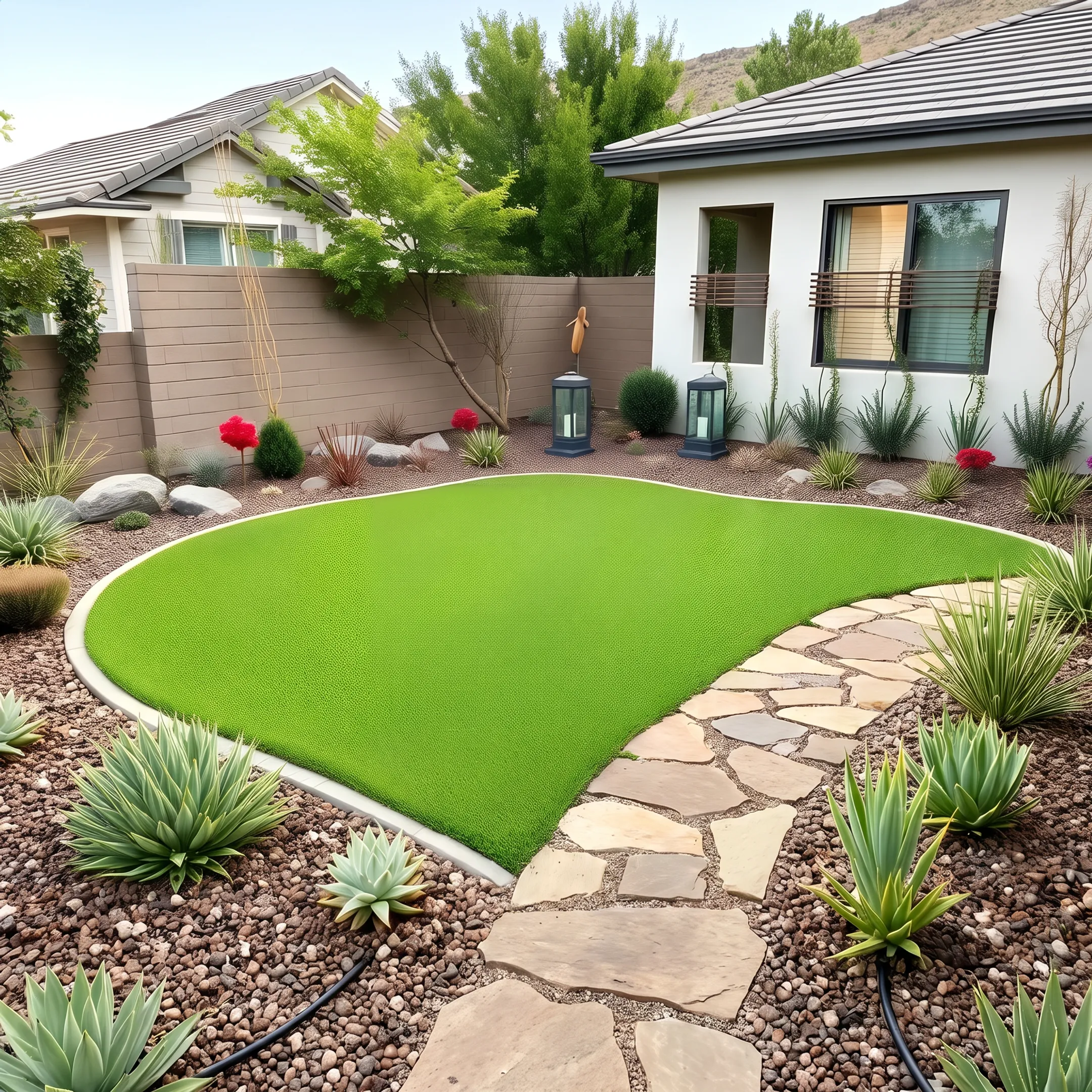 Manicured residential lawn and landscaped garden with vibrant plants