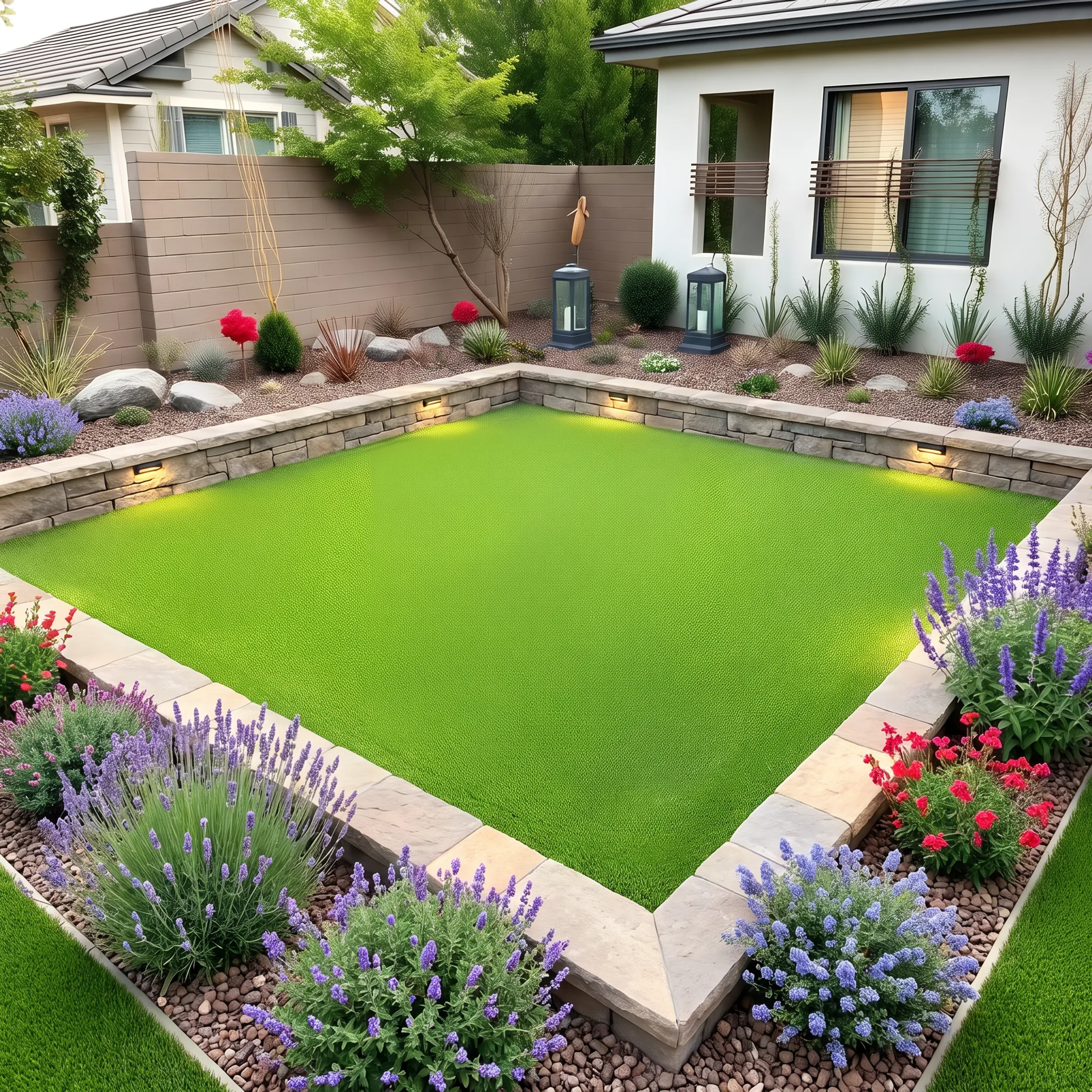 Completed backyard landscape featuring stone patio and fresh sod lawn