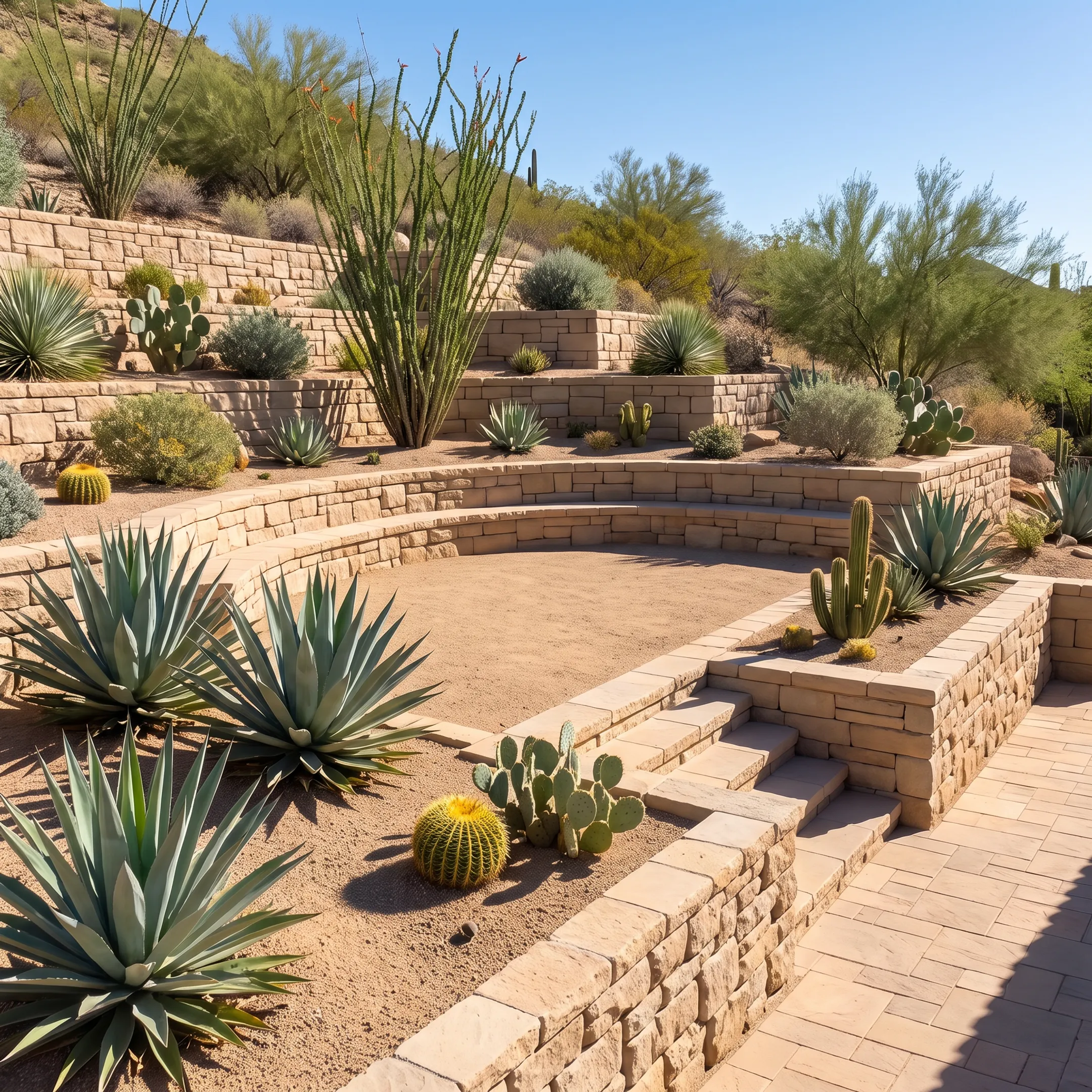 Erosion control retaining wall and drought-tolerant landscape on a Phoenix property