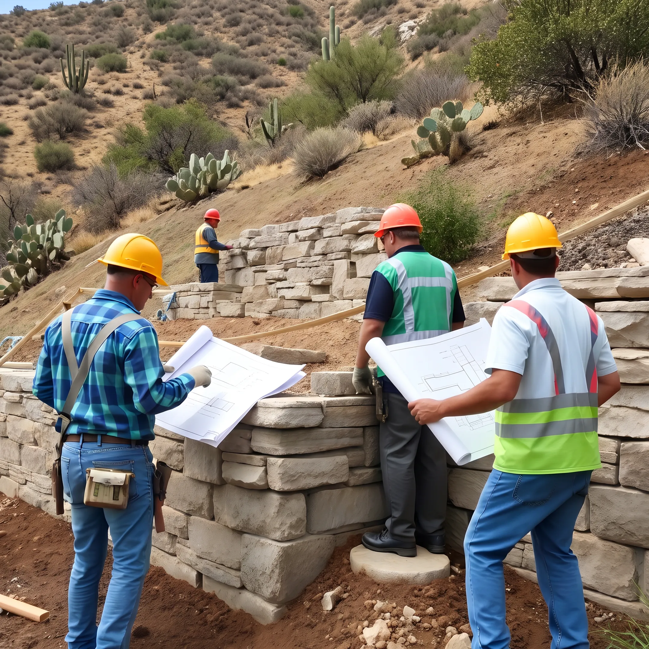 Contractor reviewing retaining wall and drainage plans beside a landscaped hillside
