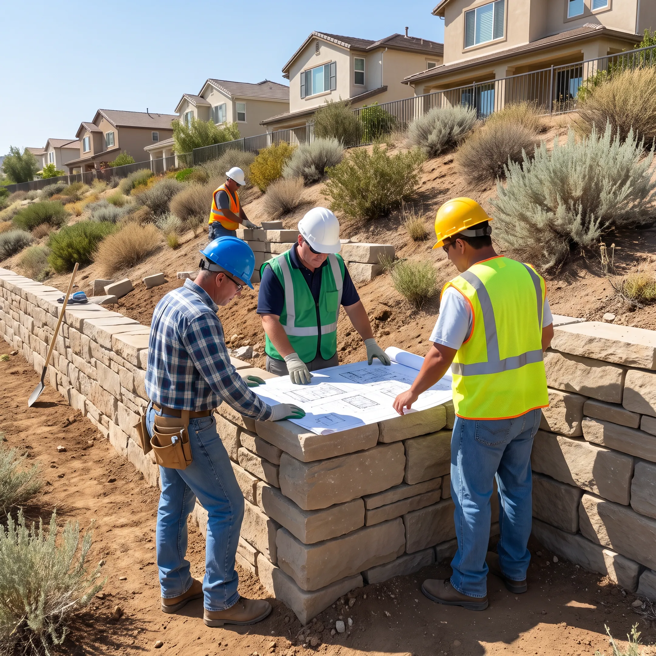 Contractor reviewing hillside erosion control plans in Calabasas