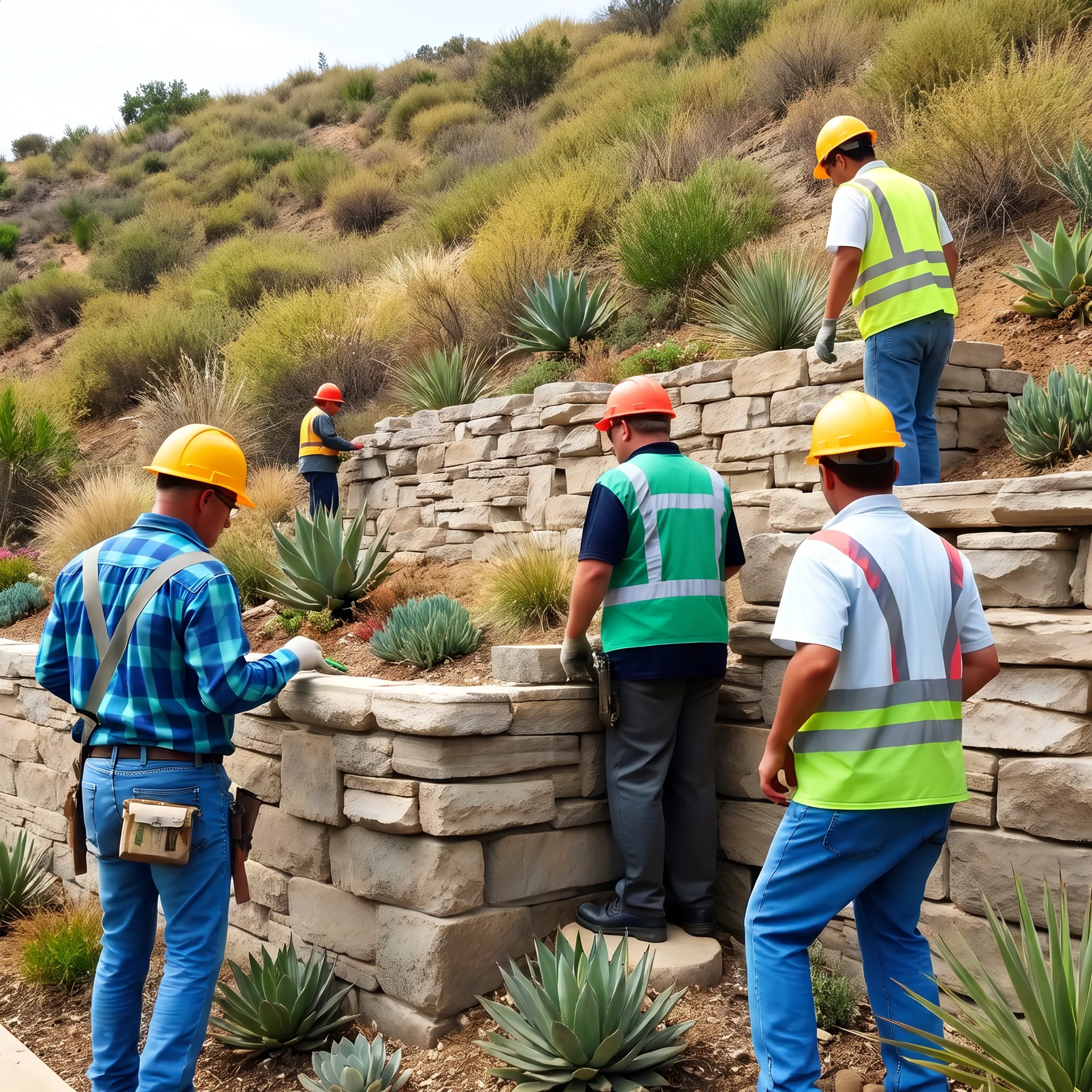 Contractor reviewing hillside erosion control plans beside a retaining wall