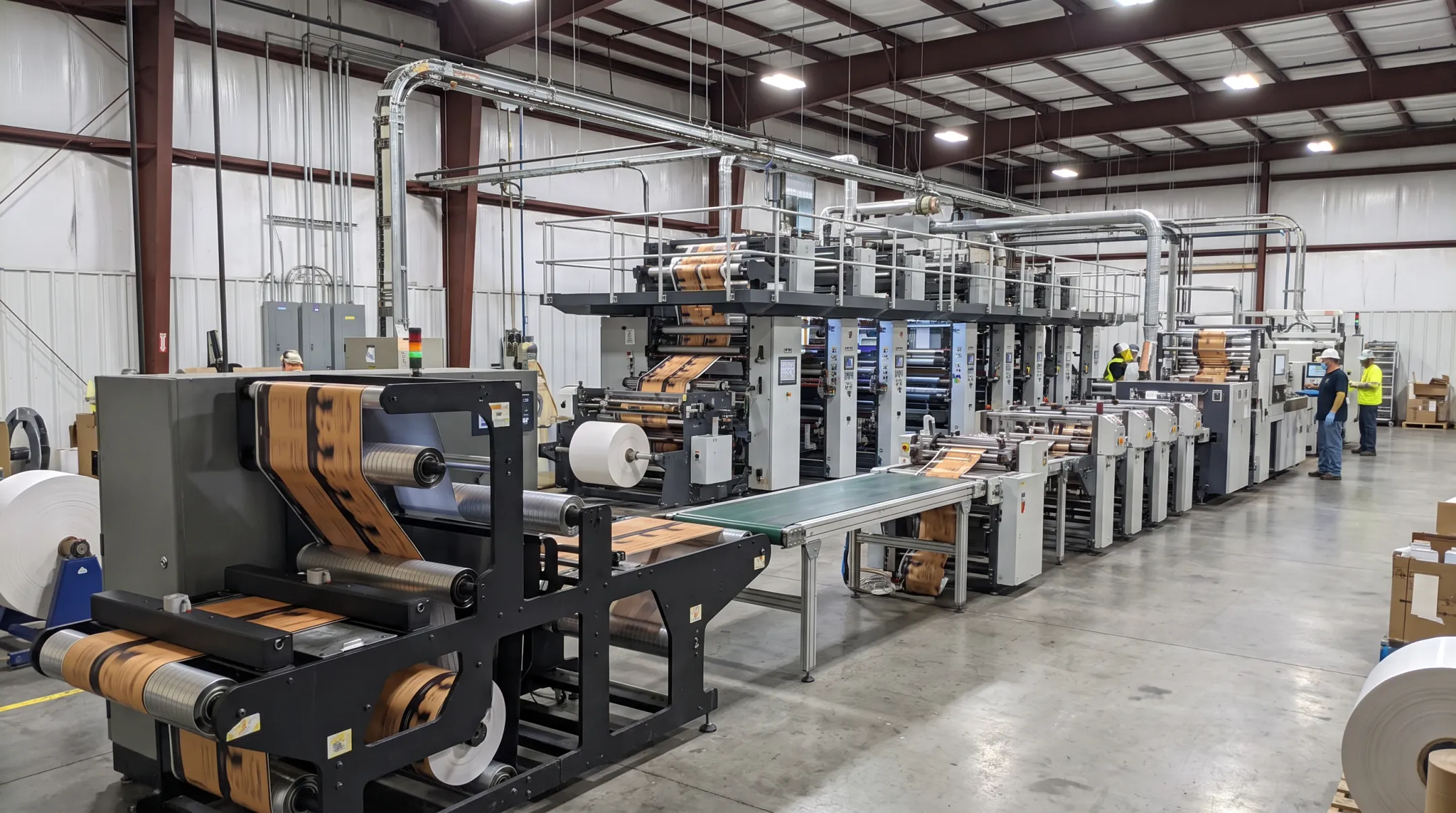 Integrated packaging facility with lamination printing and bag-making equipment