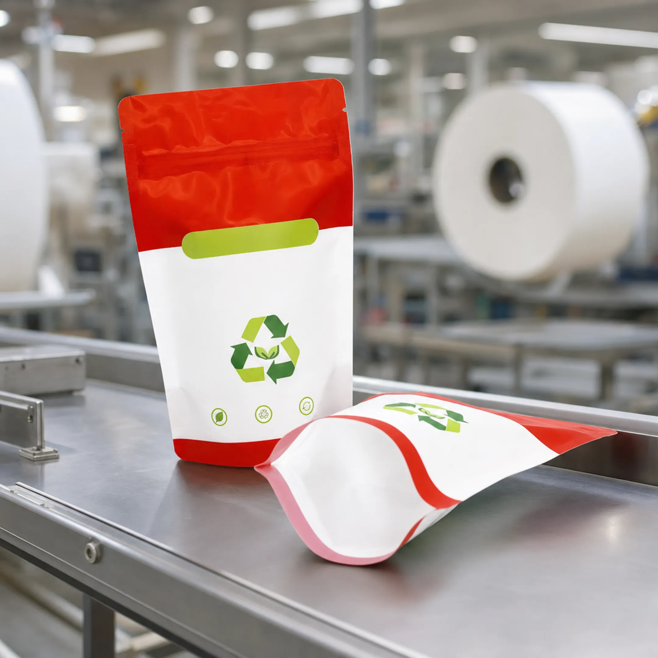 Recyclable mono-material flexible food packaging pouches on production line