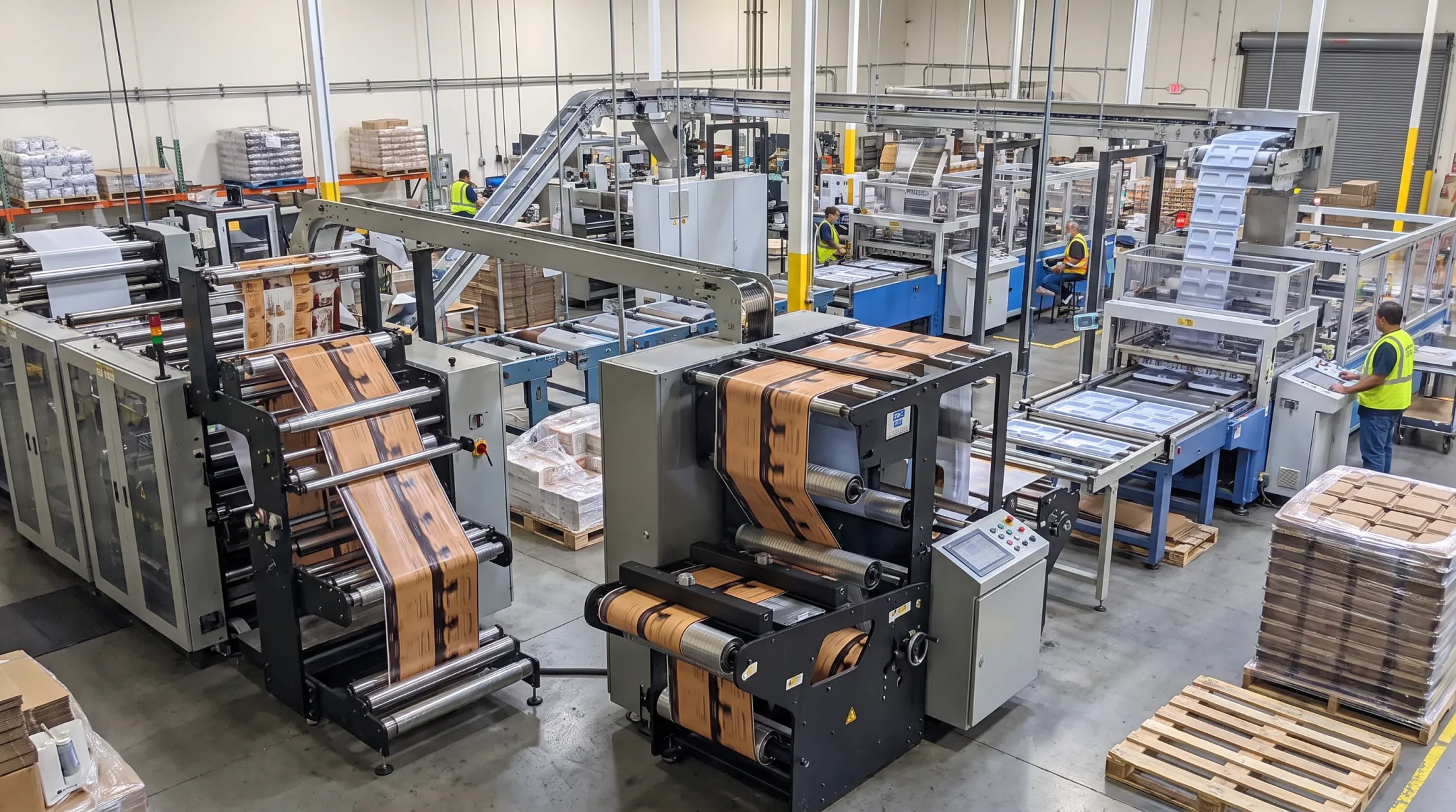 Integrated packaging manufacturing facility with printing and bag-making equipment