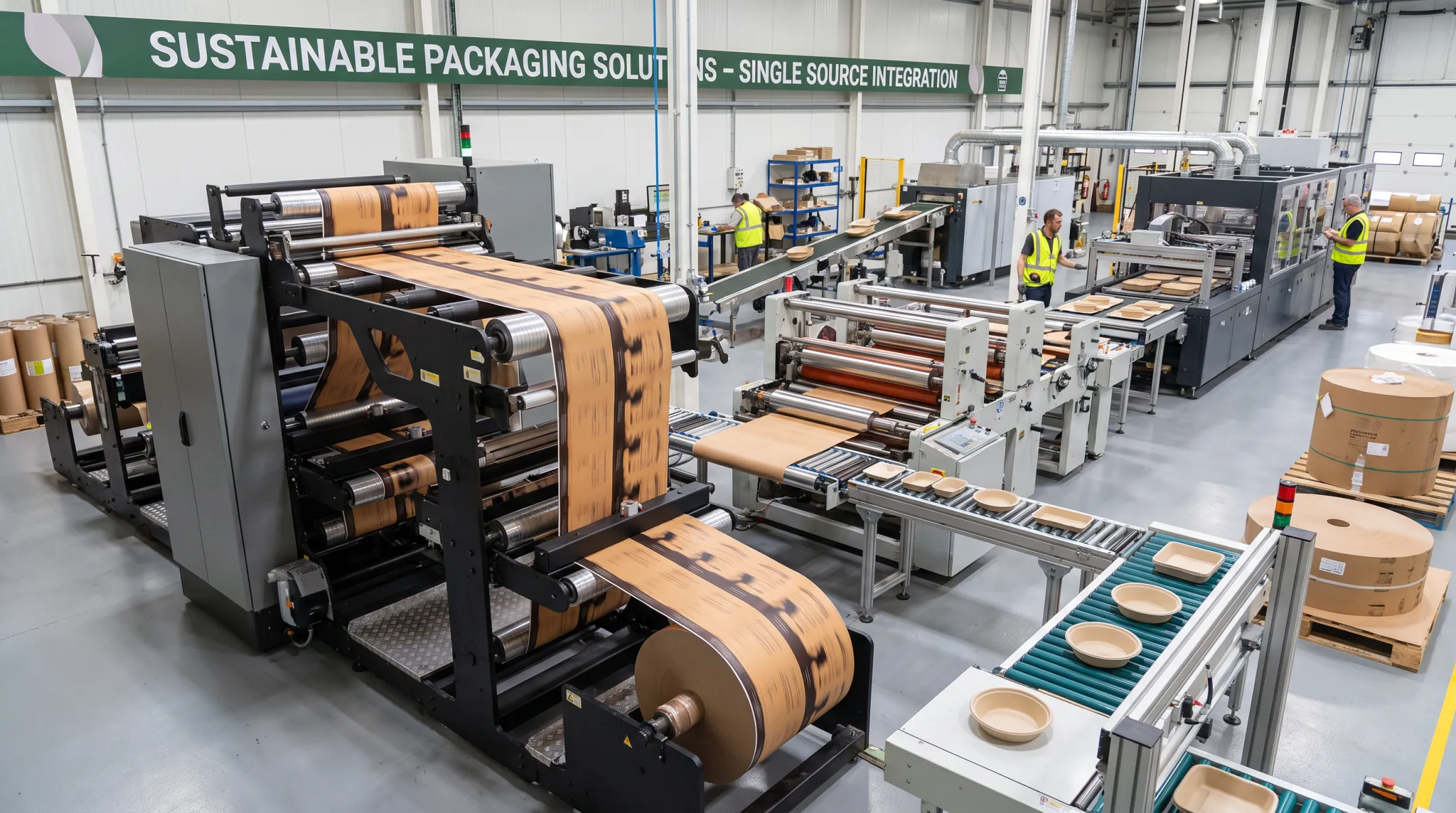Integrated packaging manufacturing facility with lamination printing and thermoforming equipment