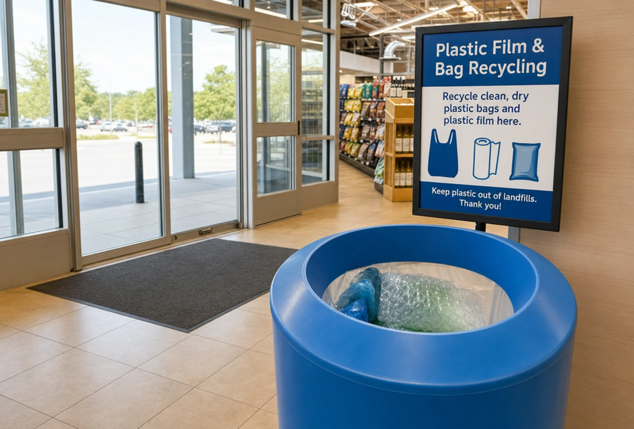 Retail store plastic film drop-off recycling collection bin