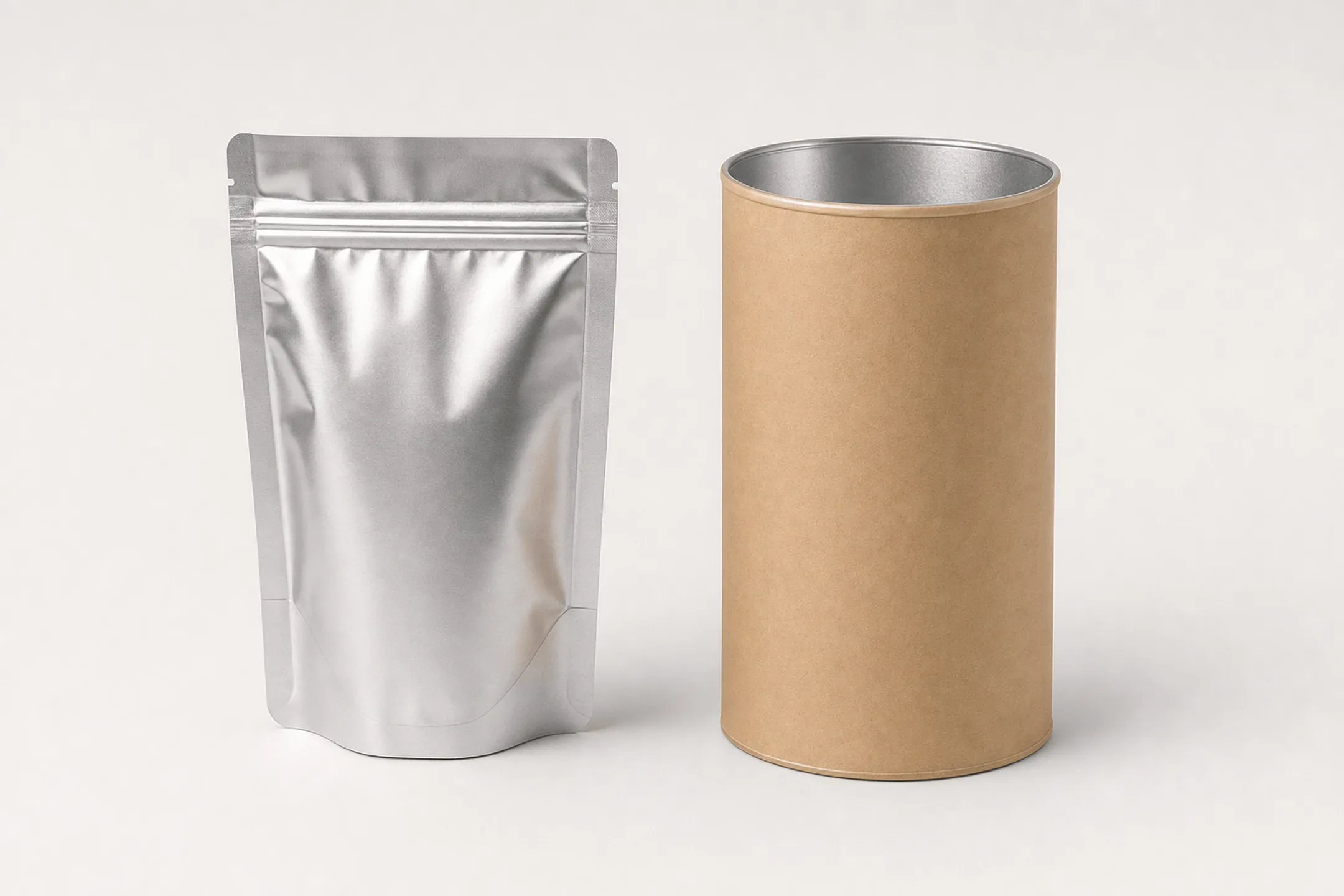 Flexible stand-up snack pouch beside composite paperboard chip can