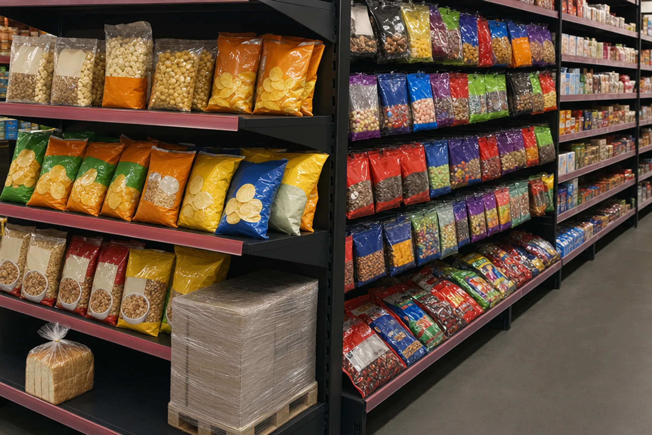 Polyolefin snack bags and bread bags on retail store shelf