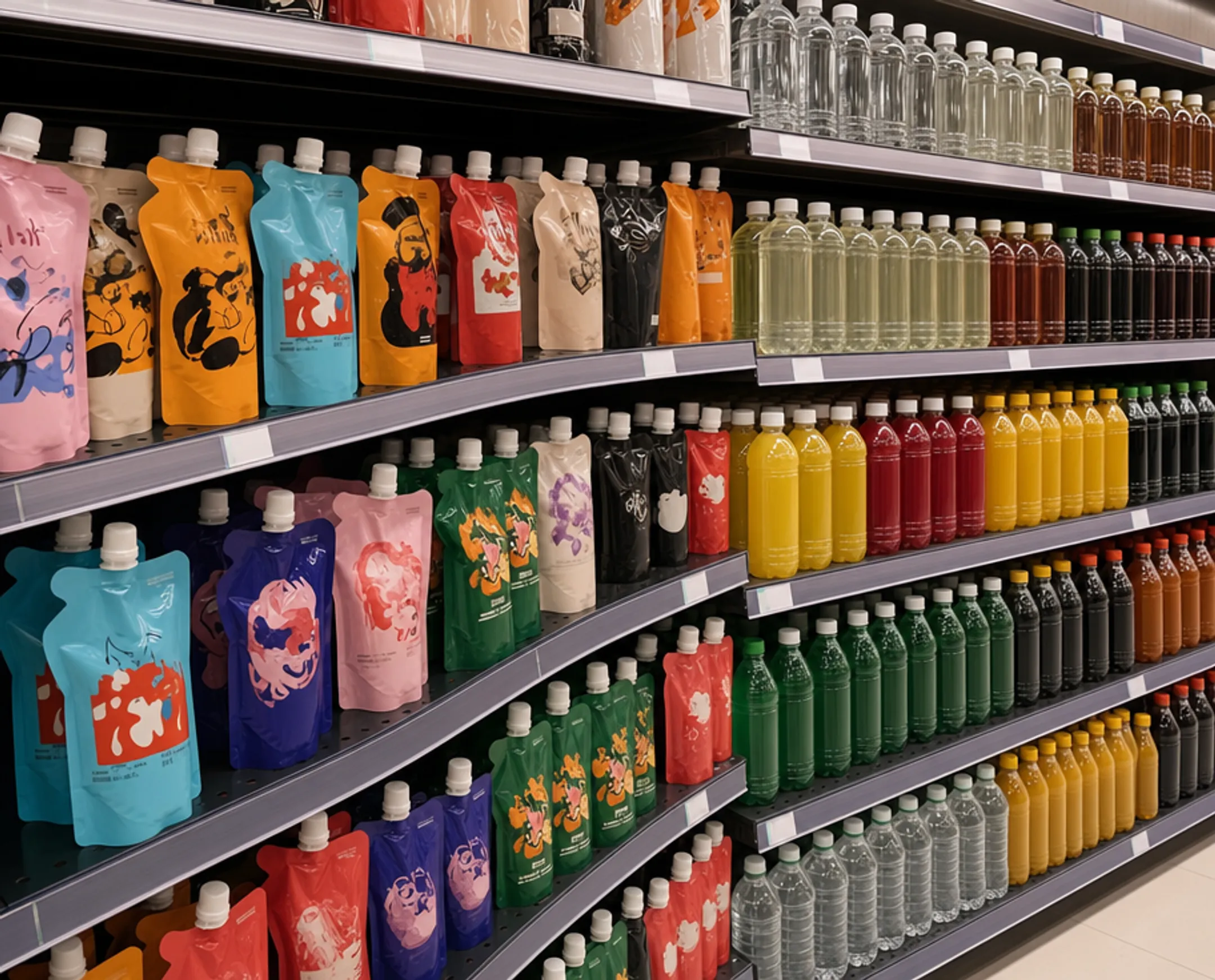 Flexible pouch beverages displayed on retail shelf versus bottles