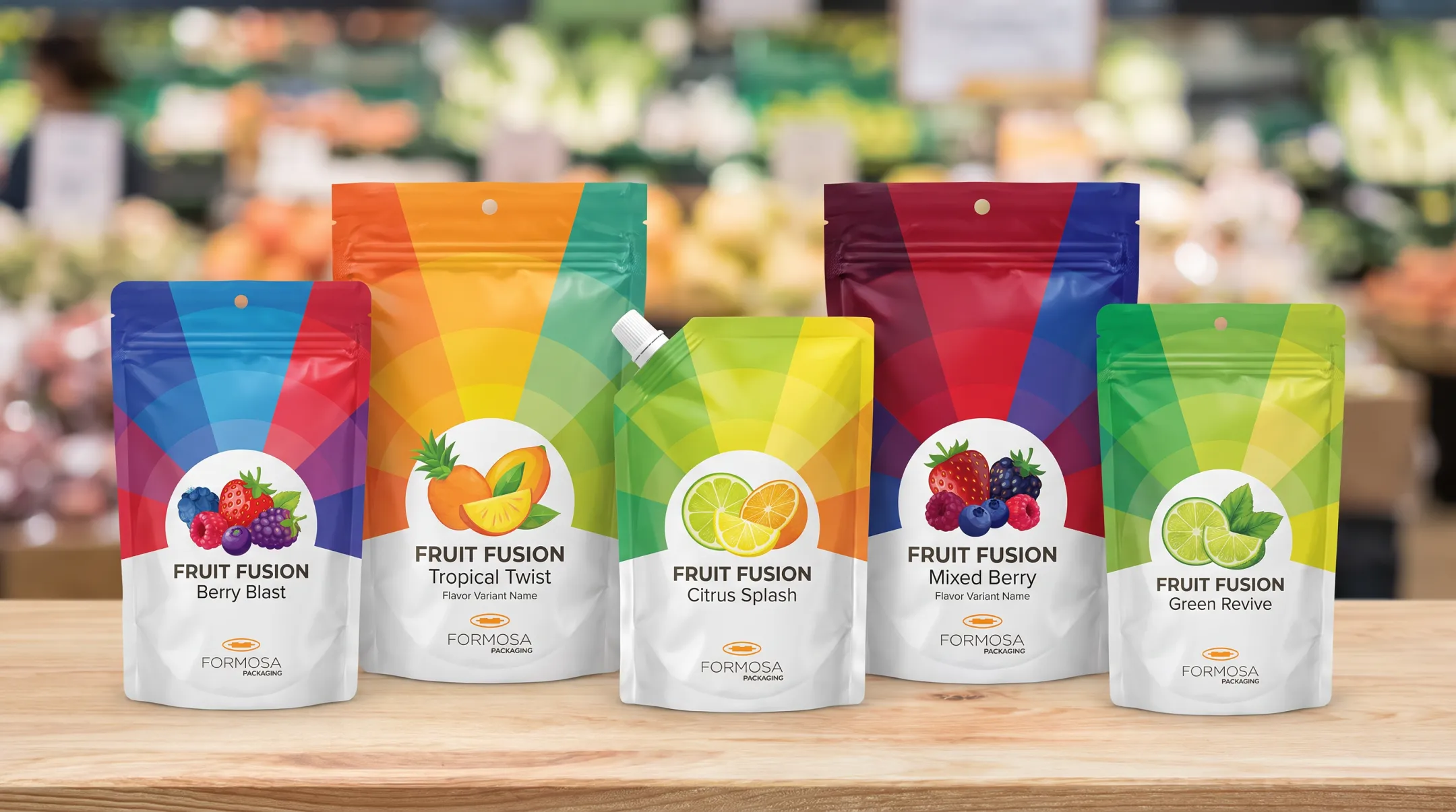 Rotogravure printed protein powder pouches showing consistent flavor line branding
