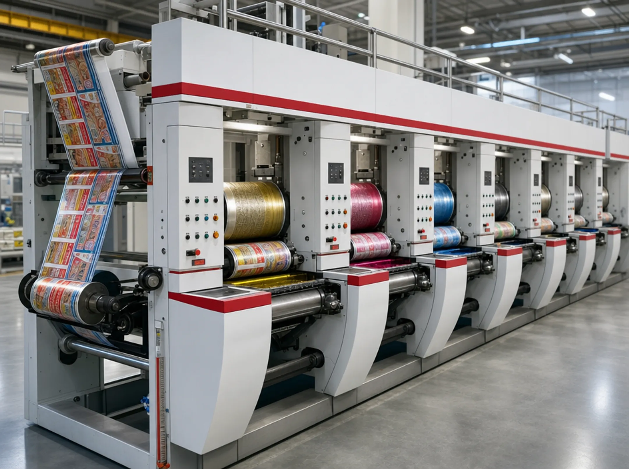 Rotogravure printing press producing consistent multicolor packaging designs