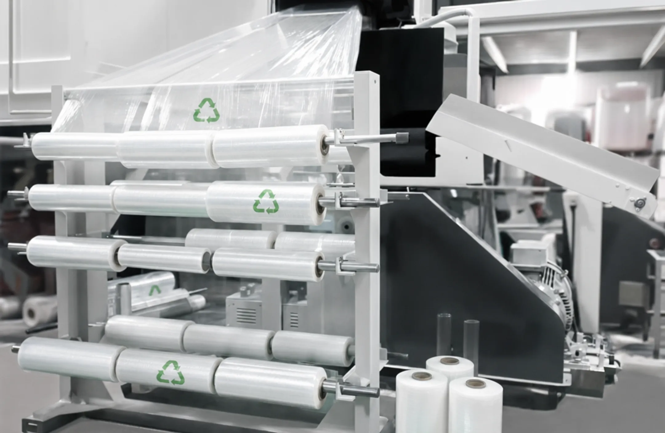 Recyclable mono-material flexible packaging film roll on production line