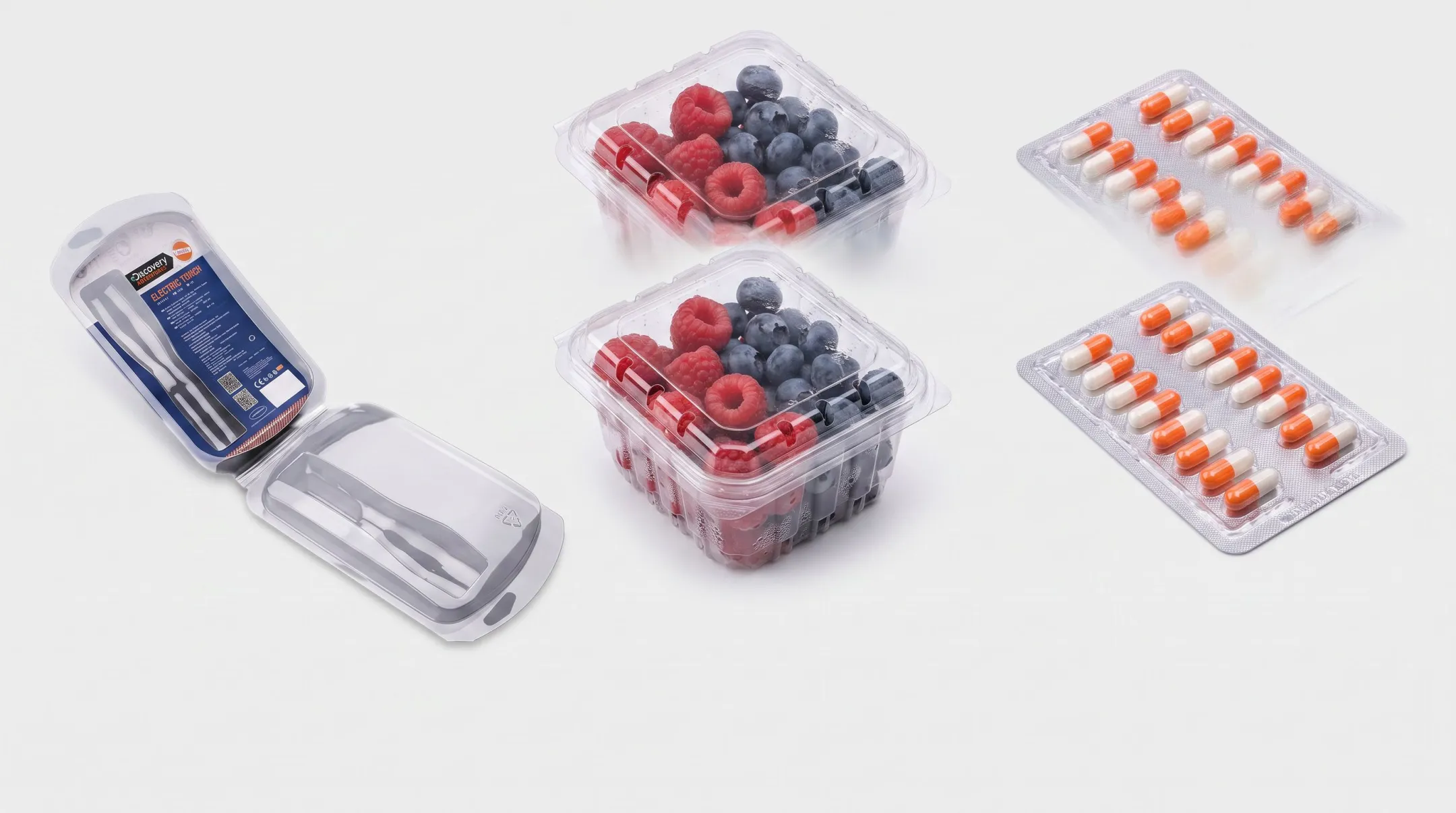 Assorted clamshell packaging used across food pharmaceutical and consumer goods