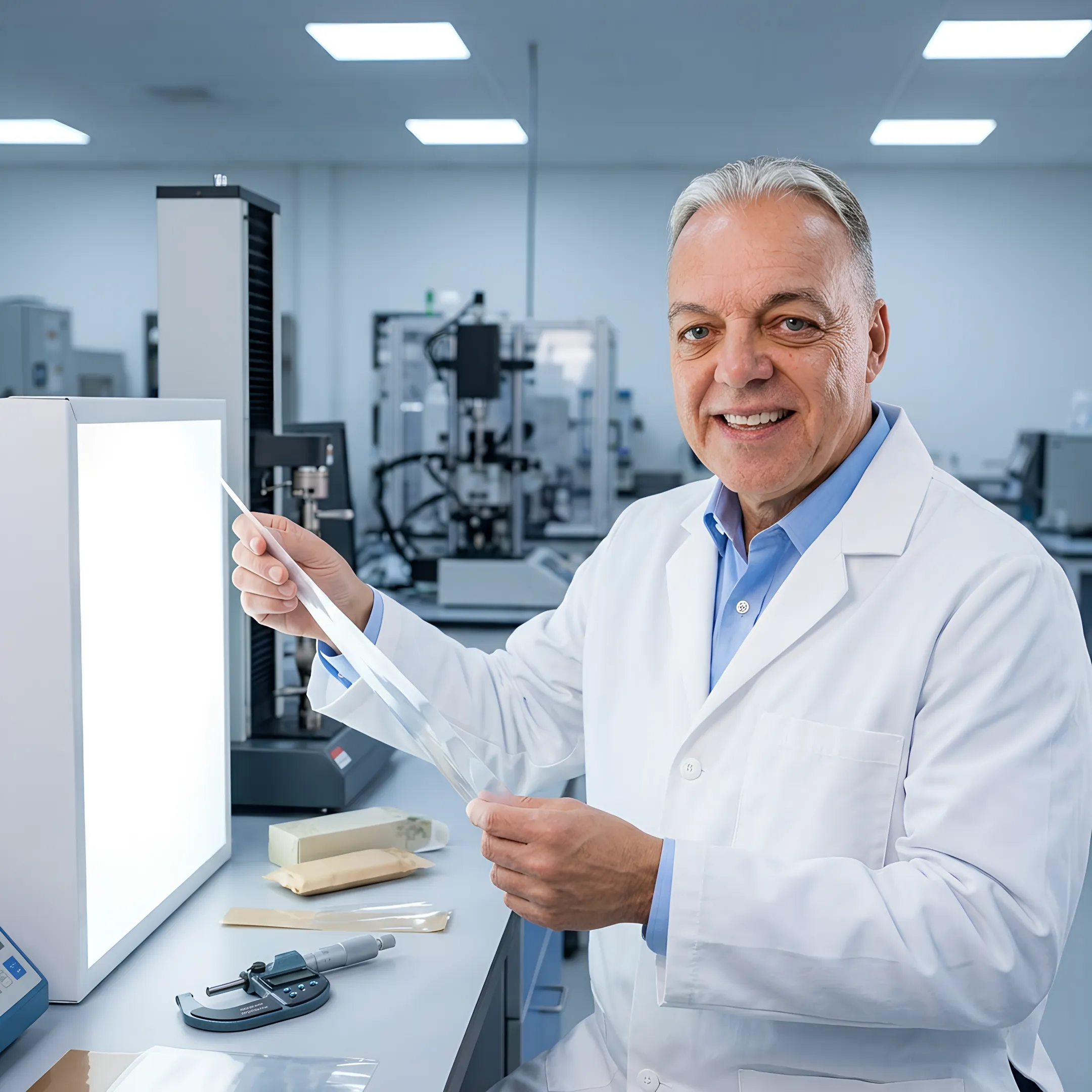 Specialist reviewing medical pouch packaging samples