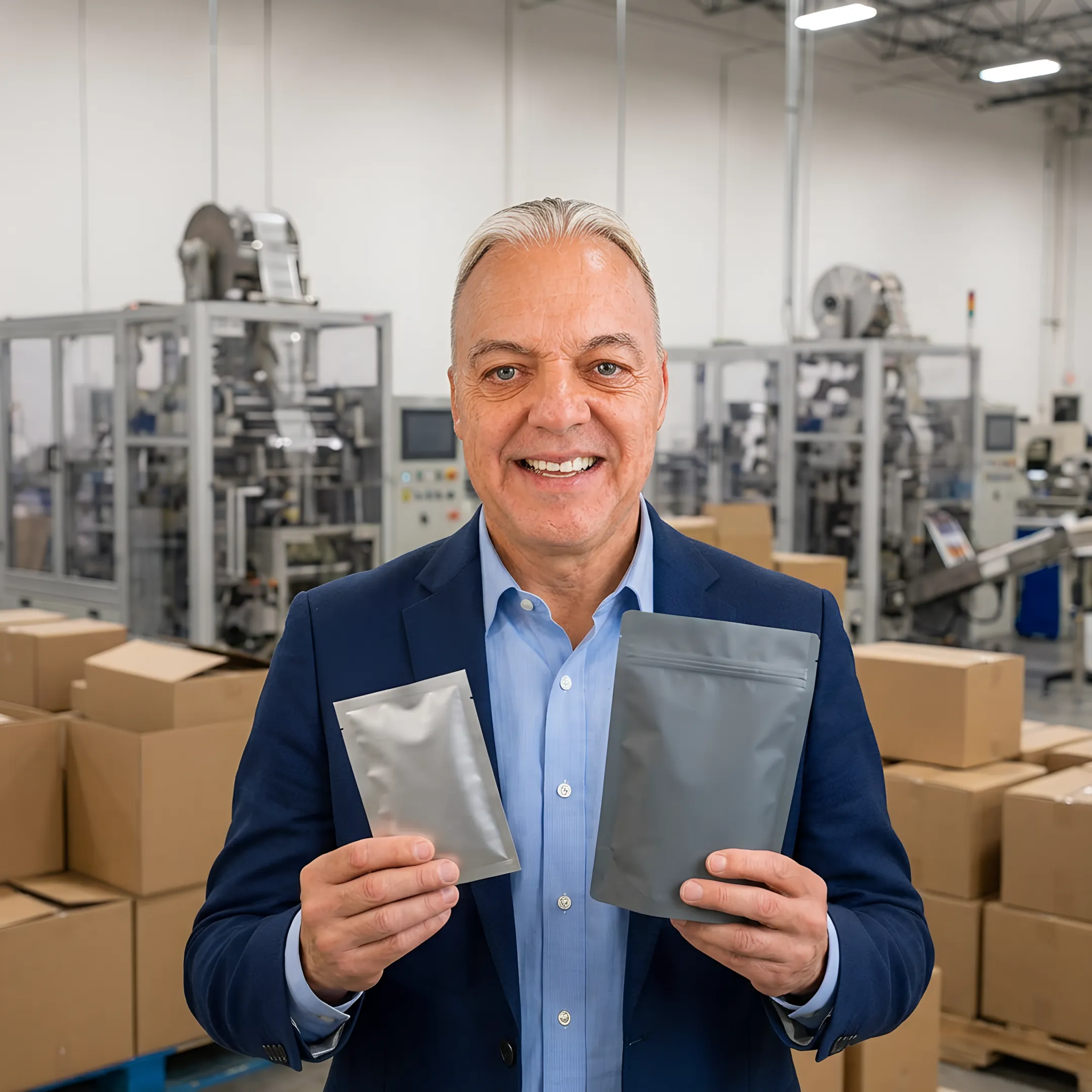 Packaging specialist reviewing custom spouted pouch samples