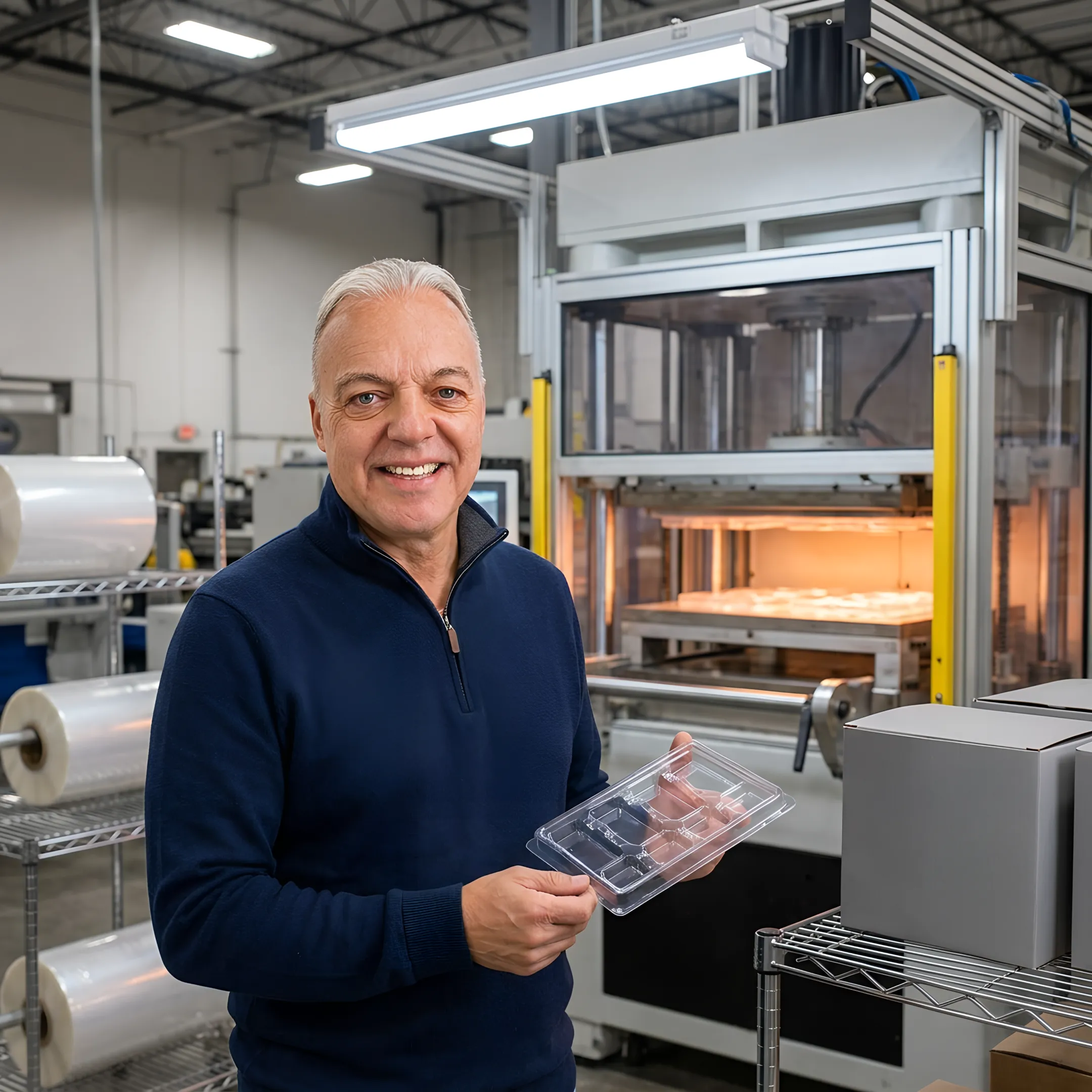 Packaging specialist reviewing custom thermoformed tray samples