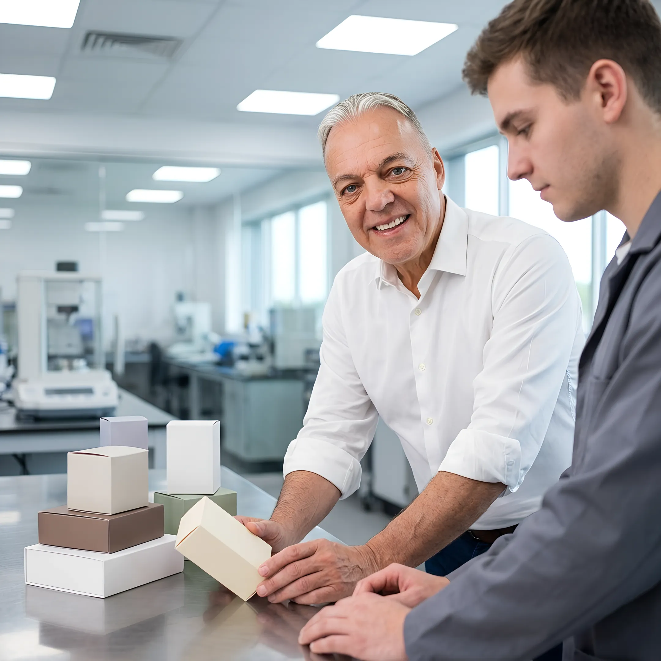 Packaging specialist reviewing printed condiment pouch samples