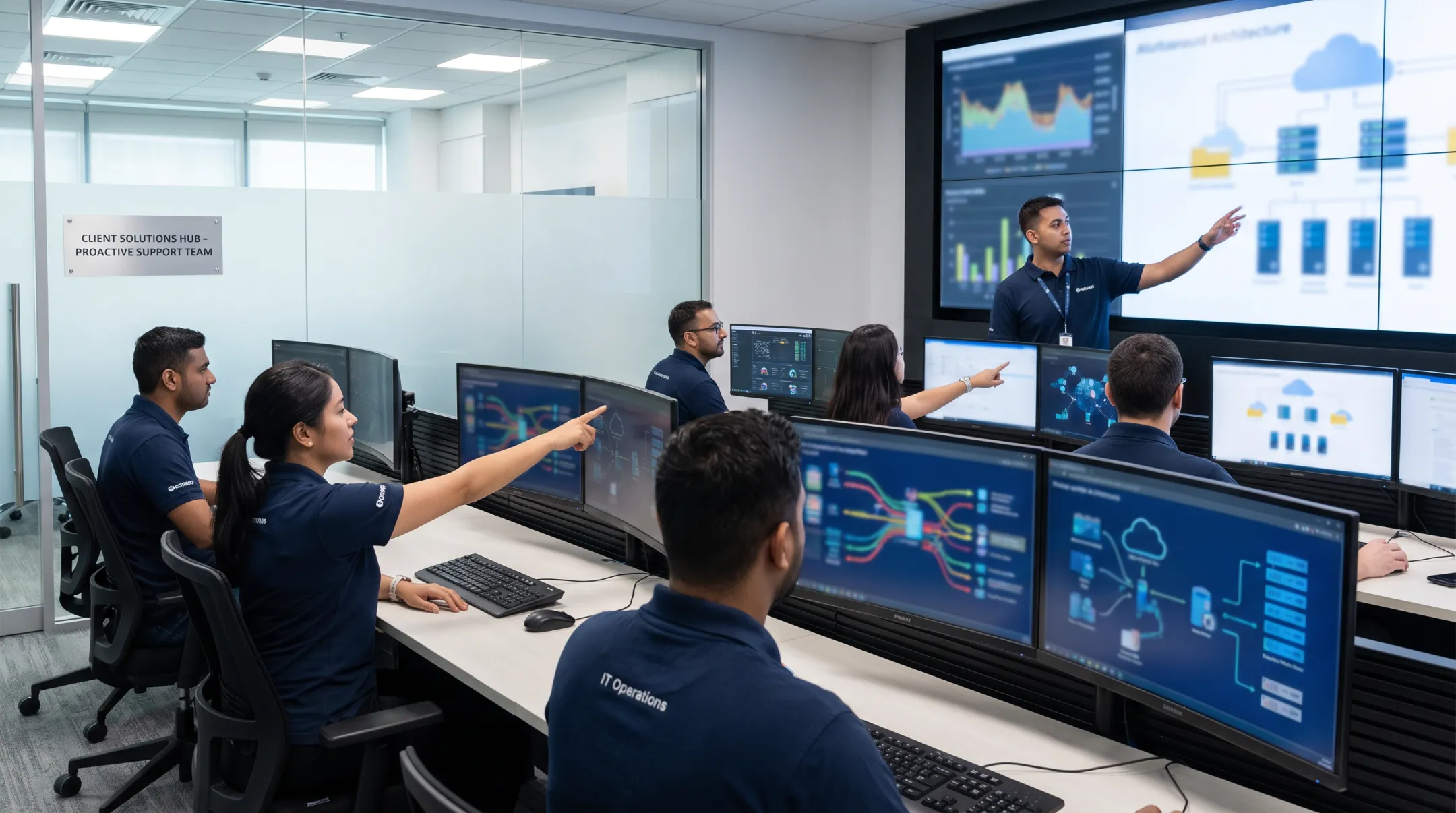 Managed IT technicians monitoring devices networks and cloud systems