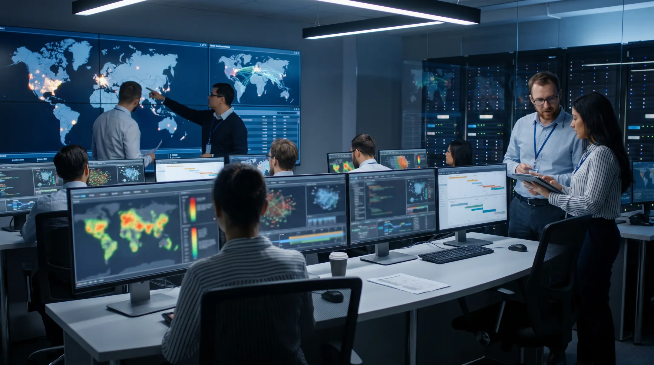 Company security operations team monitoring integrated cybersecurity services