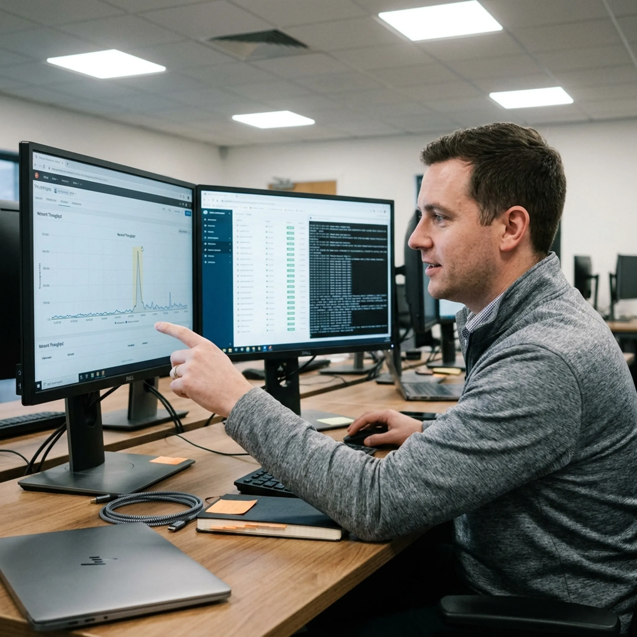 IT specialist reviewing corporate network uptime metrics and infrastructure health