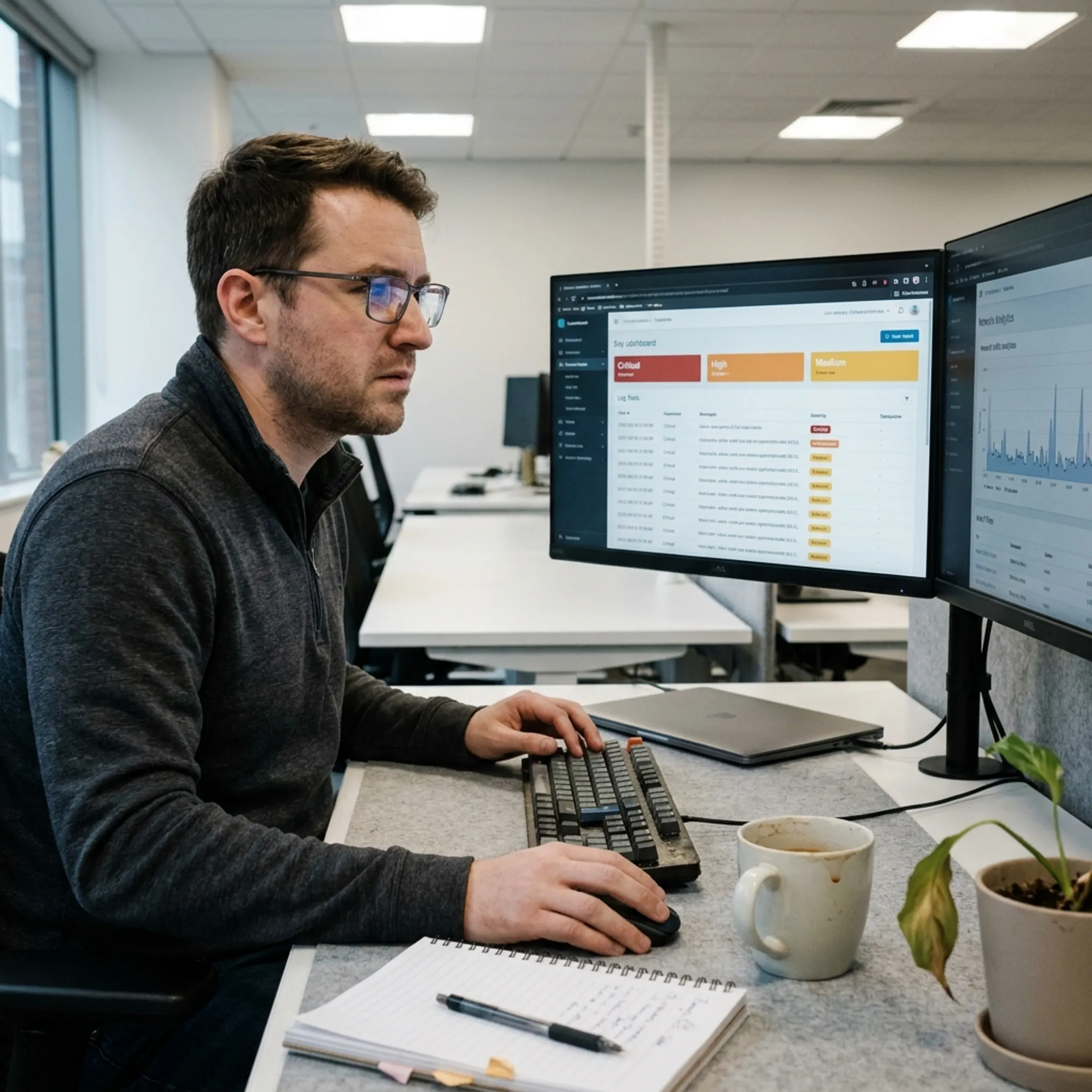 Cybersecurity professional examining threat intelligence dashboards and incident telemetry