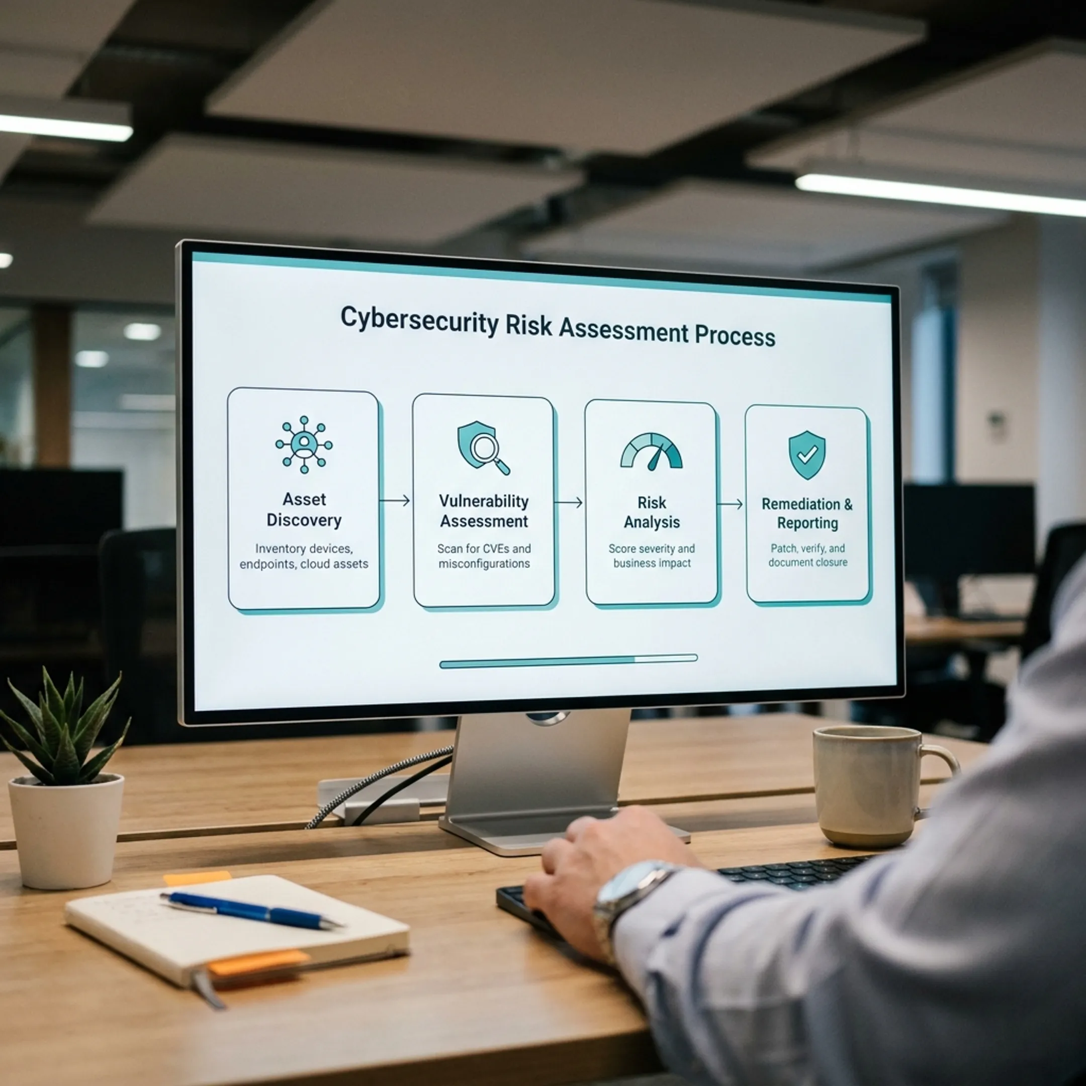 Structured workflow displaying the four stages of a technical cybersecurity risk audit